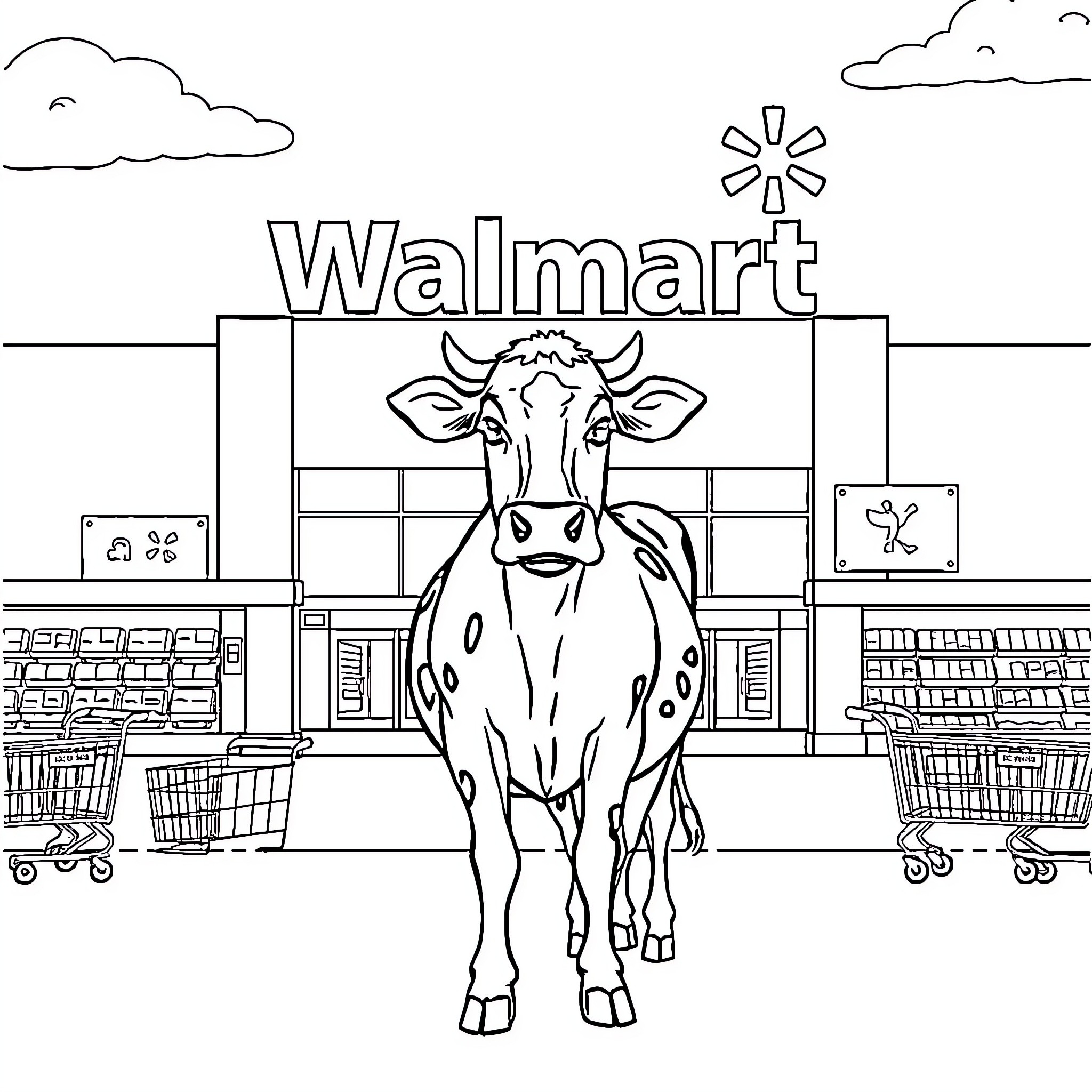 Cow standing outside Walmart store Coloring Page (free black-and-white line drawing printable PDF for all, from beginners to advanced learners, including children, teens, adults, and seniors)