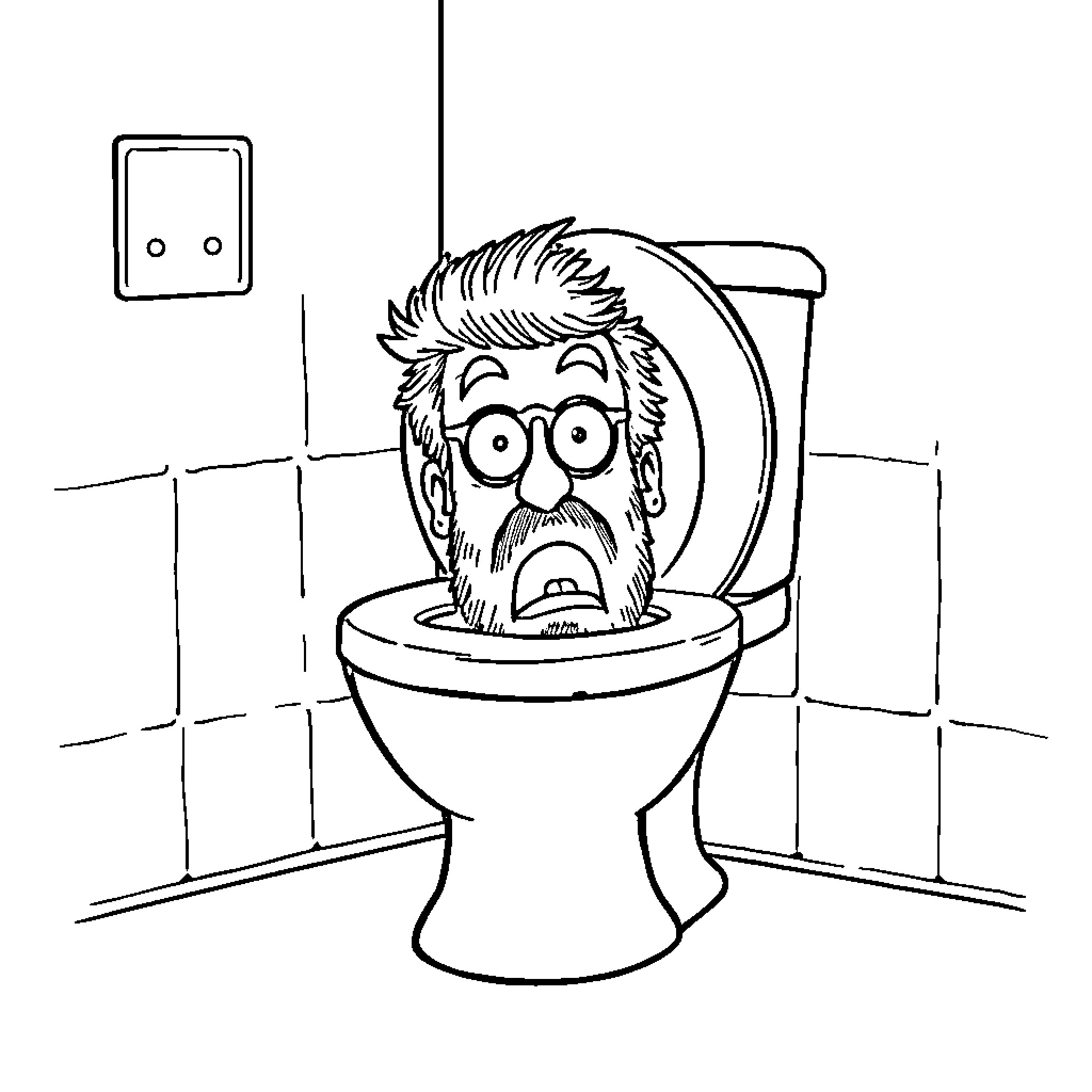 Toilet Panic: A Frantic Face in the Bowl Coloring Page (free black-and-white line drawing printable PDF for all, from beginners to advanced learners, including children, teens, adults, and seniors)