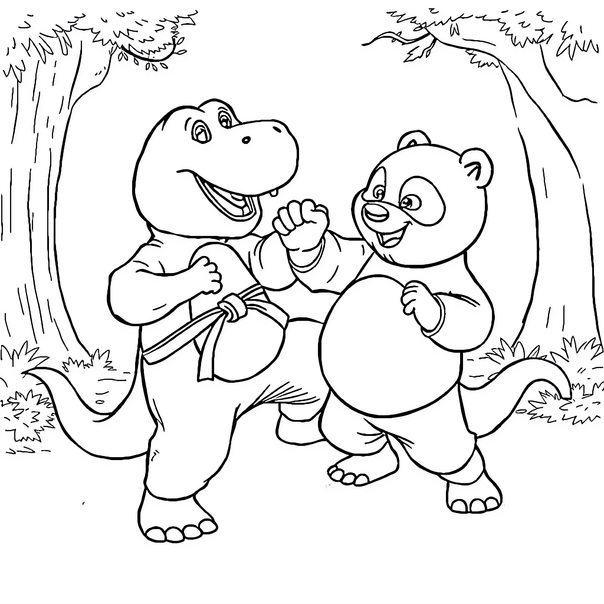 Barney and Friend Joyfully Playing in the Forest Coloring Page (free black-and-white line drawing printable PDF for all, from beginners to advanced learners, including children, teens, adults, and seniors)