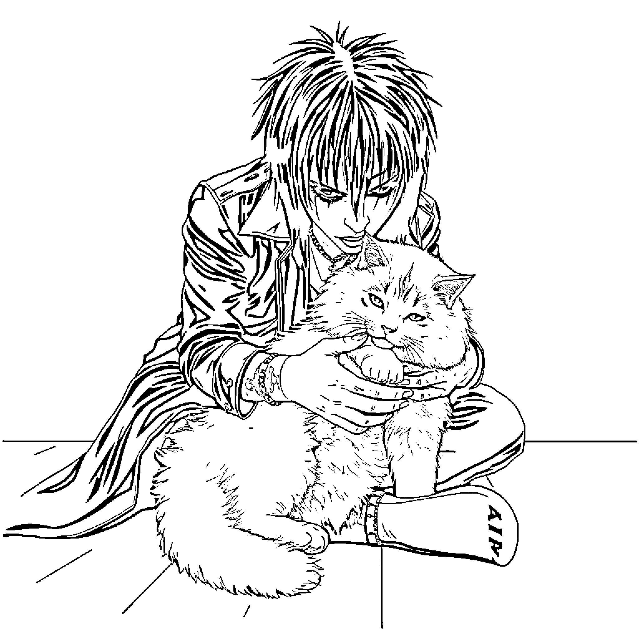 Marilyn Manson Embracing Feline Companion Coloring Page (free black-and-white line drawing printable PDF for all, from beginners to advanced learners, including children, teens, adults, and seniors)