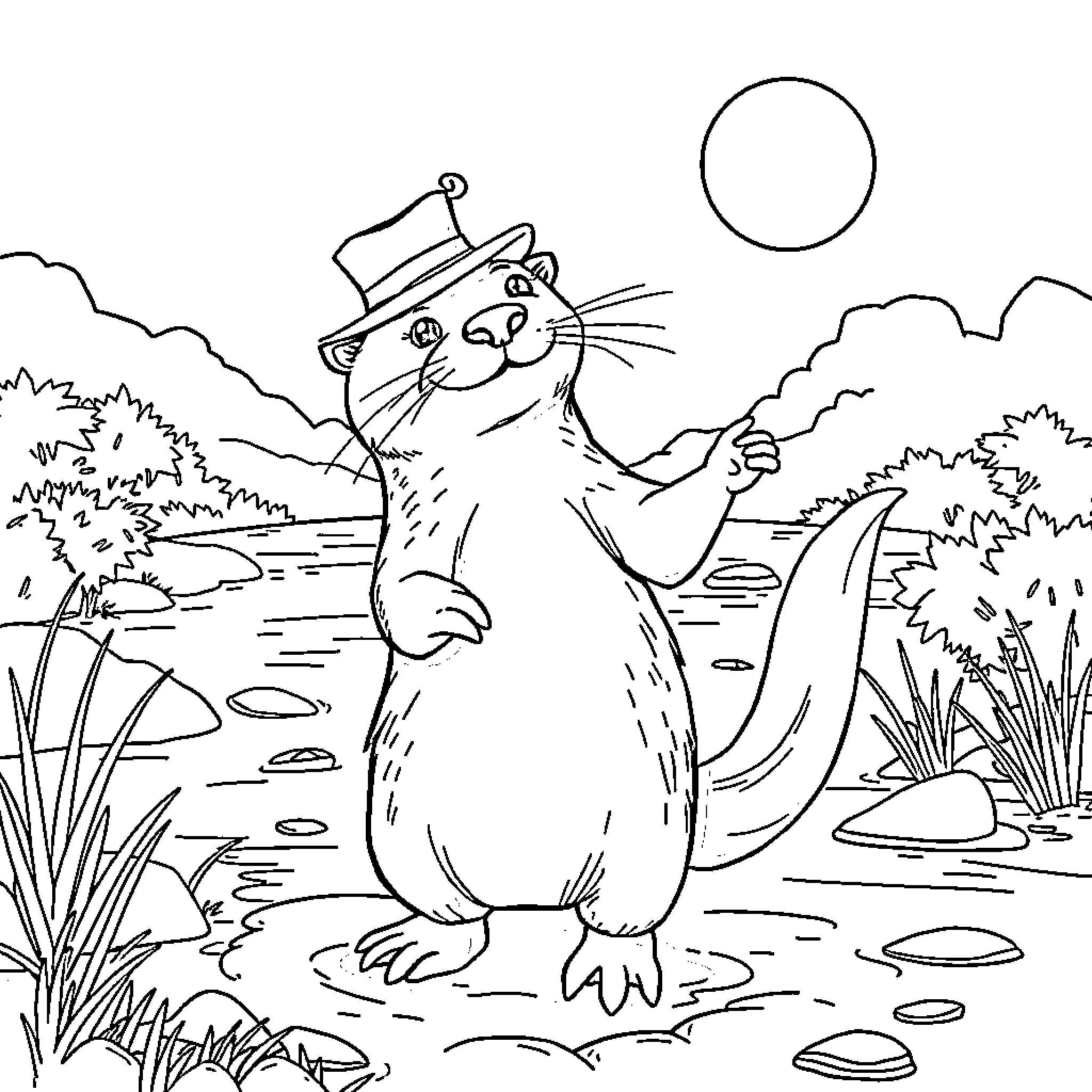 Otter playing with a balloon in the wilderness Coloring Page (free black-and-white line drawing printable PDF for all, from beginners to advanced learners, including children, teens, adults, and seniors)