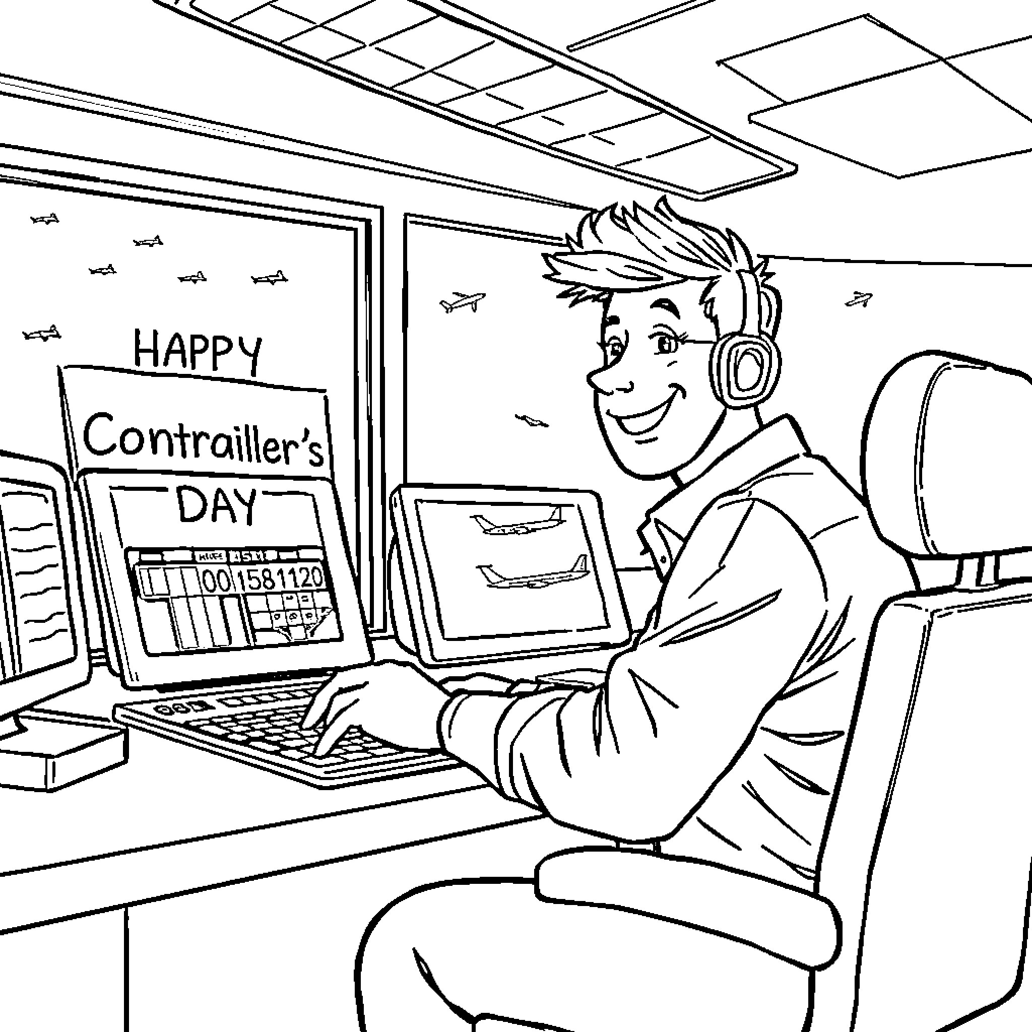 Air Traffic Controller Celebrating Happy Day at Work Coloring Page (free black-and-white line drawing printable PDF for all, from beginners to advanced learners, including children, teens, adults, and seniors)
