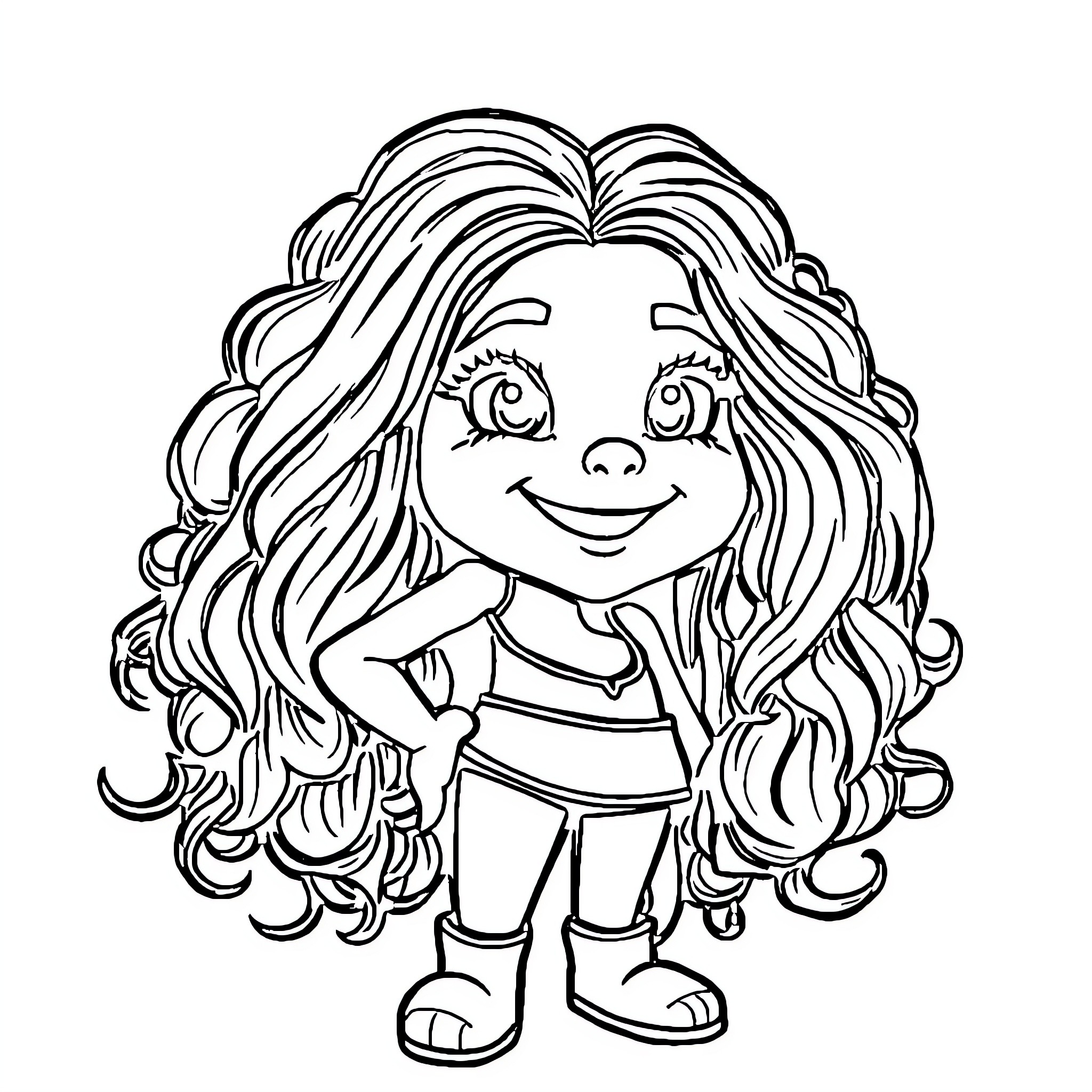 Hudgens character with curly hair and friendly expression Coloring Page (free black-and-white line drawing printable PDF for all, from beginners to advanced learners, including children, teens, adults, and seniors)