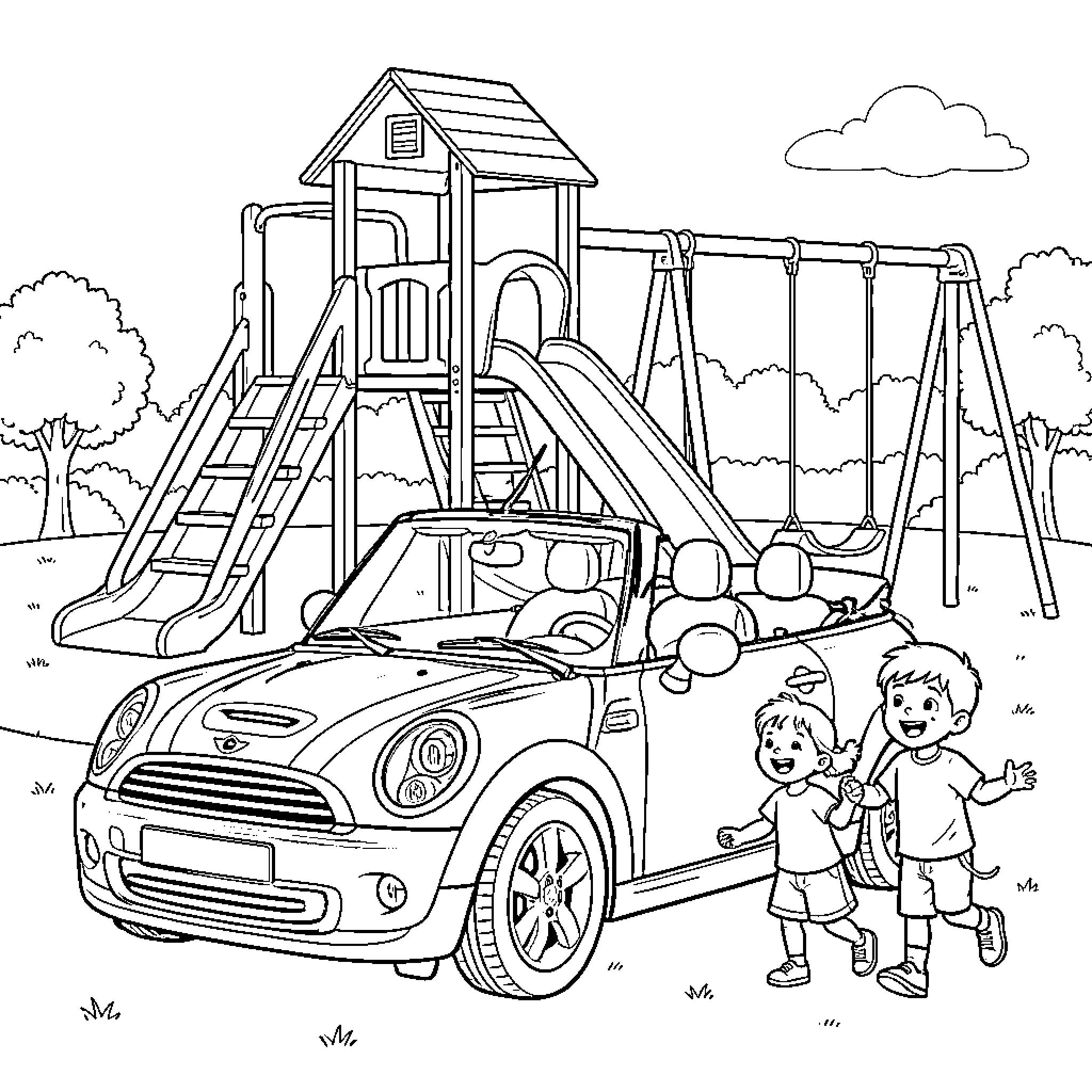 Mini Cooper playing with kids at the playground Coloring Page (free black-and-white line drawing printable PDF for all, from beginners to advanced learners, including children, teens, adults, and seniors)