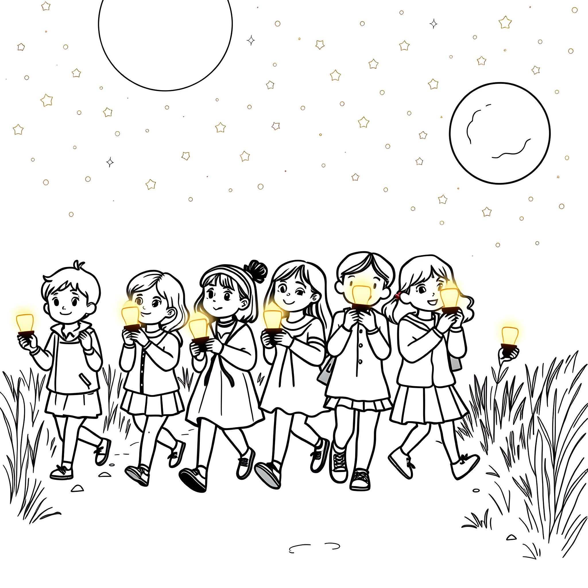 Child friends playing together under the night sky Coloring Page (free black-and-white line drawing printable PDF for all, from beginners to advanced learners, including children, teens, adults, and seniors)