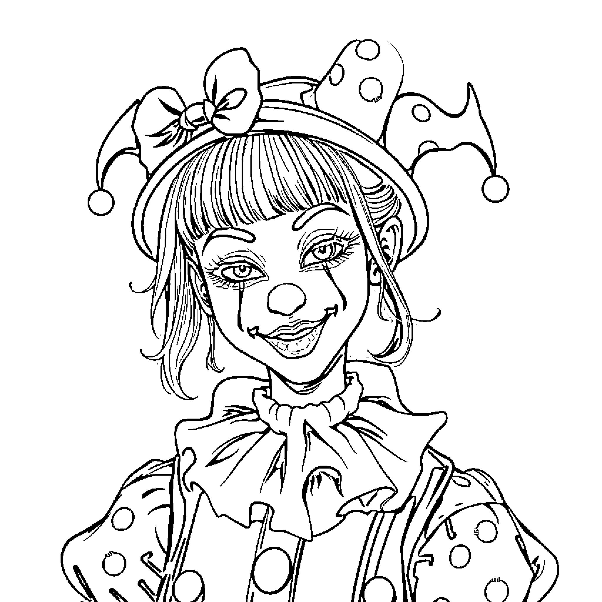 Clown with whimsical costume and facial expression Coloring Page (free black-and-white line drawing printable PDF for all, from beginners to advanced learners, including children, teens, adults, and seniors)