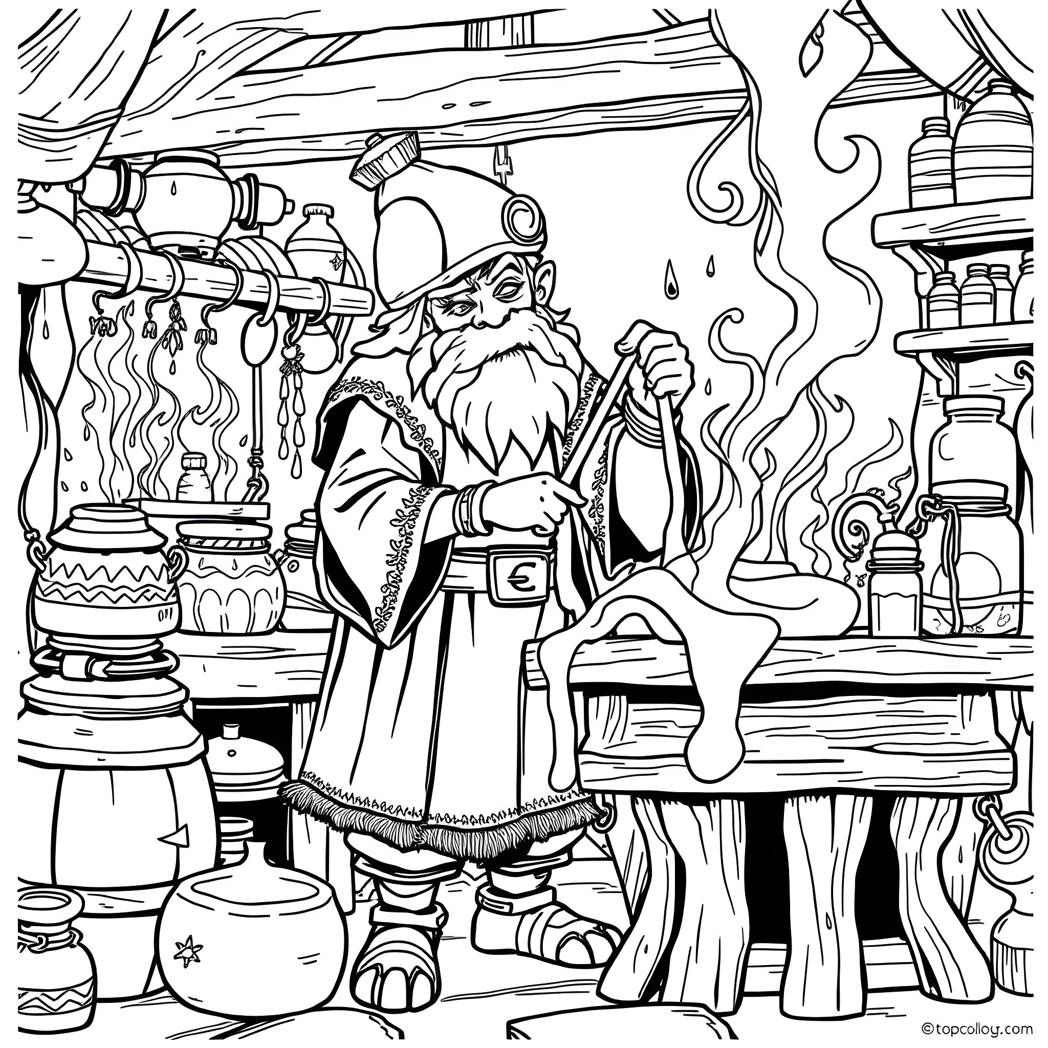 Daidalos' Magical Workshop of Wonders Coloring Page (free black-and-white line drawing printable PDF for all, from beginners to advanced learners, including children, teens, adults, and seniors)