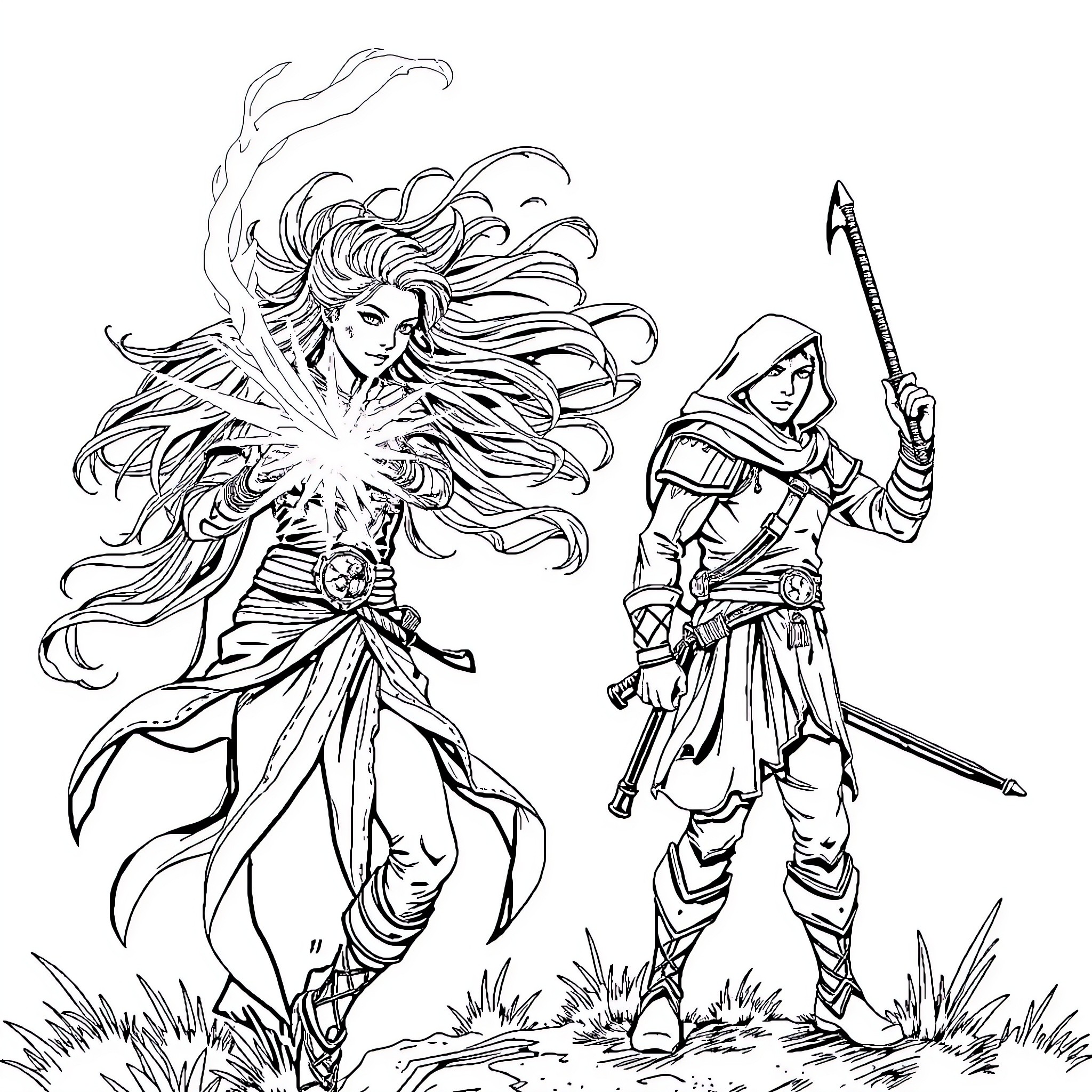 Air Genasi Mage and Hooded Warrior in Fantasy Landscape Coloring Page (free black-and-white line drawing printable PDF for all, from beginners to advanced learners, including children, teens, adults, and seniors)