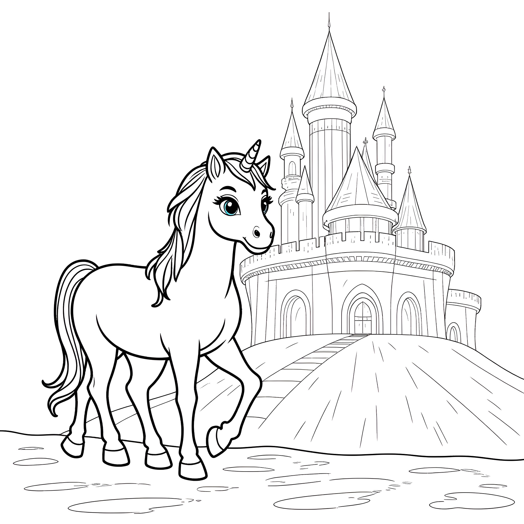 Unicorn standing proudly in front of a magical castle Coloring Page (free black-and-white line drawing printable PDF for all, from beginners to advanced learners, including children, teens, adults, and seniors)