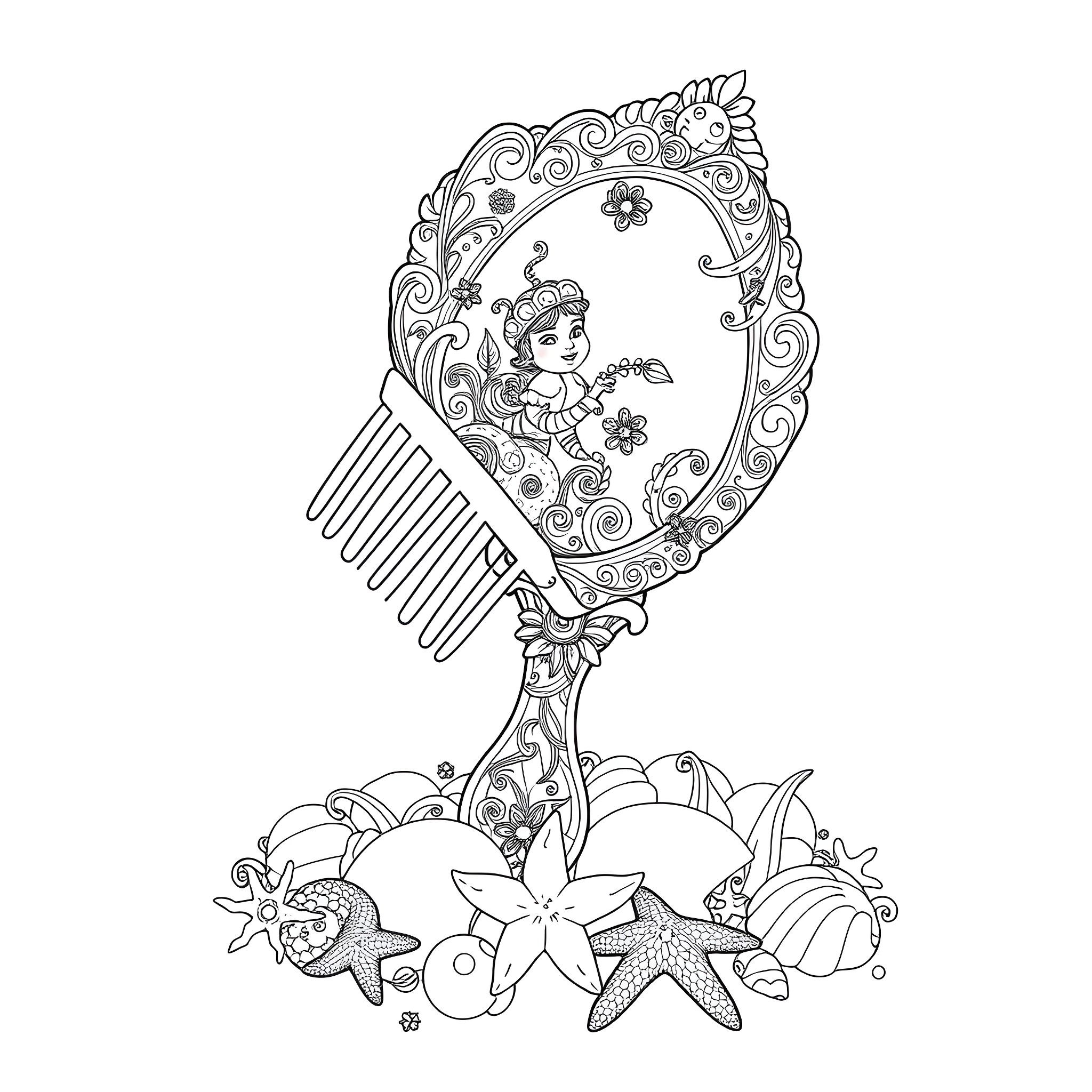 Mermaid in ornate mirror frame with floral and marine elements Coloring Page (free black-and-white line drawing printable PDF for all, from beginners to advanced learners, including children, teens, adults, and seniors)