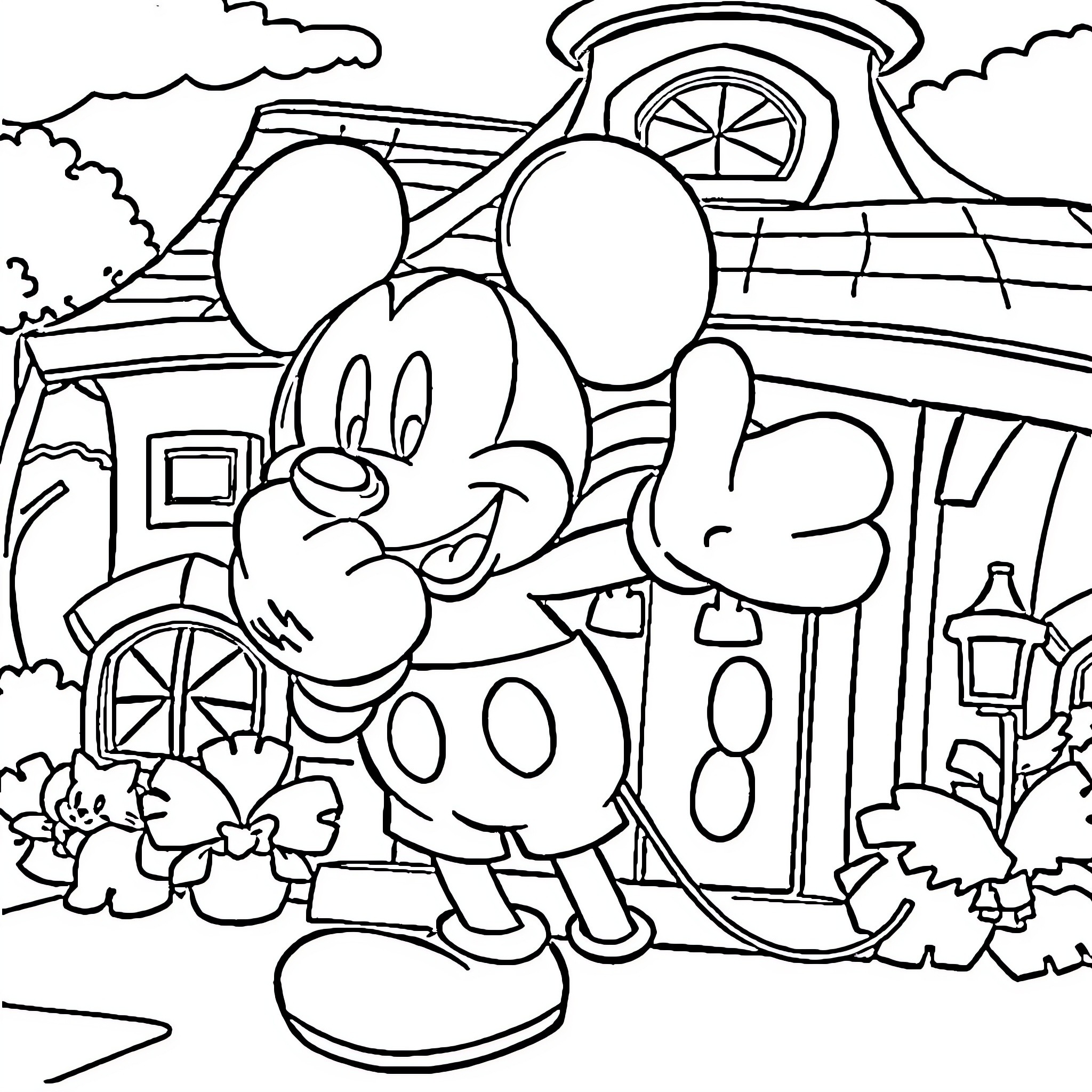 Mickey Mouse exploring whimsical cartoon village Coloring Page (free black-and-white line drawing printable PDF for all, from beginners to advanced learners, including children, teens, adults, and seniors)