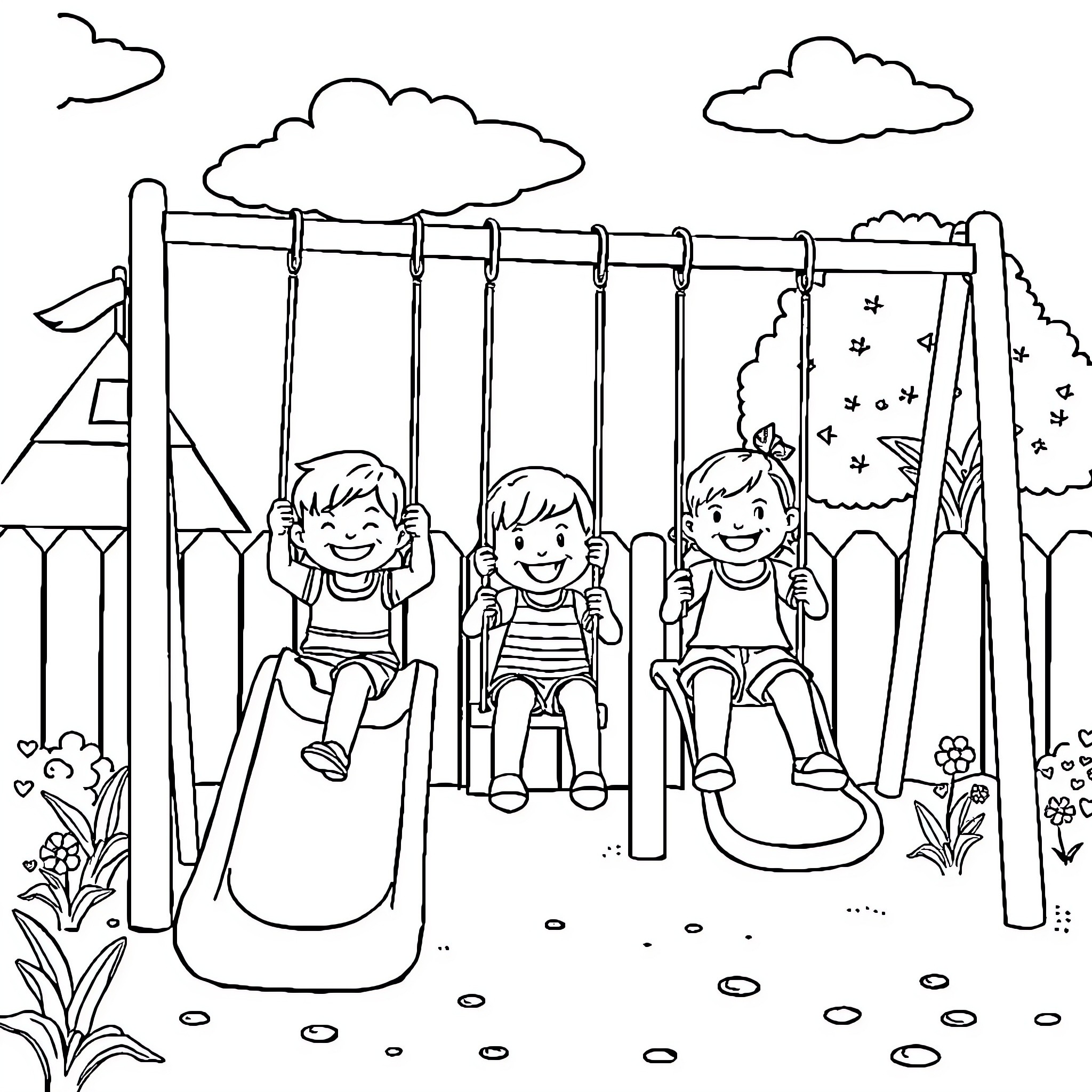 Kid's Playground Fun with Friends Coloring Page (free black-and-white line drawing printable PDF for all, from beginners to advanced learners, including children, teens, adults, and seniors)
