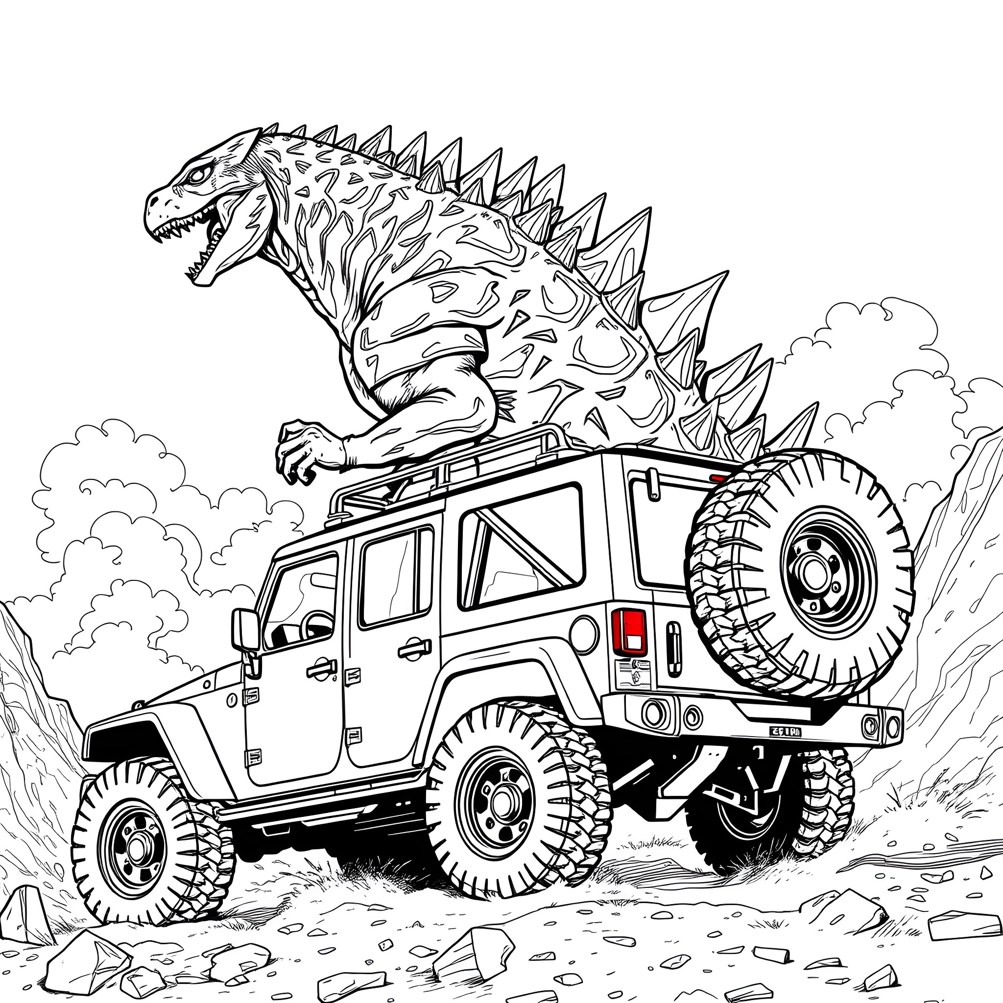 Godzilla Rampages on a Rugged 4x4 Vehicle Coloring Page (free black-and-white line drawing printable PDF for all, from beginners to advanced learners, including children, teens, adults, and seniors)