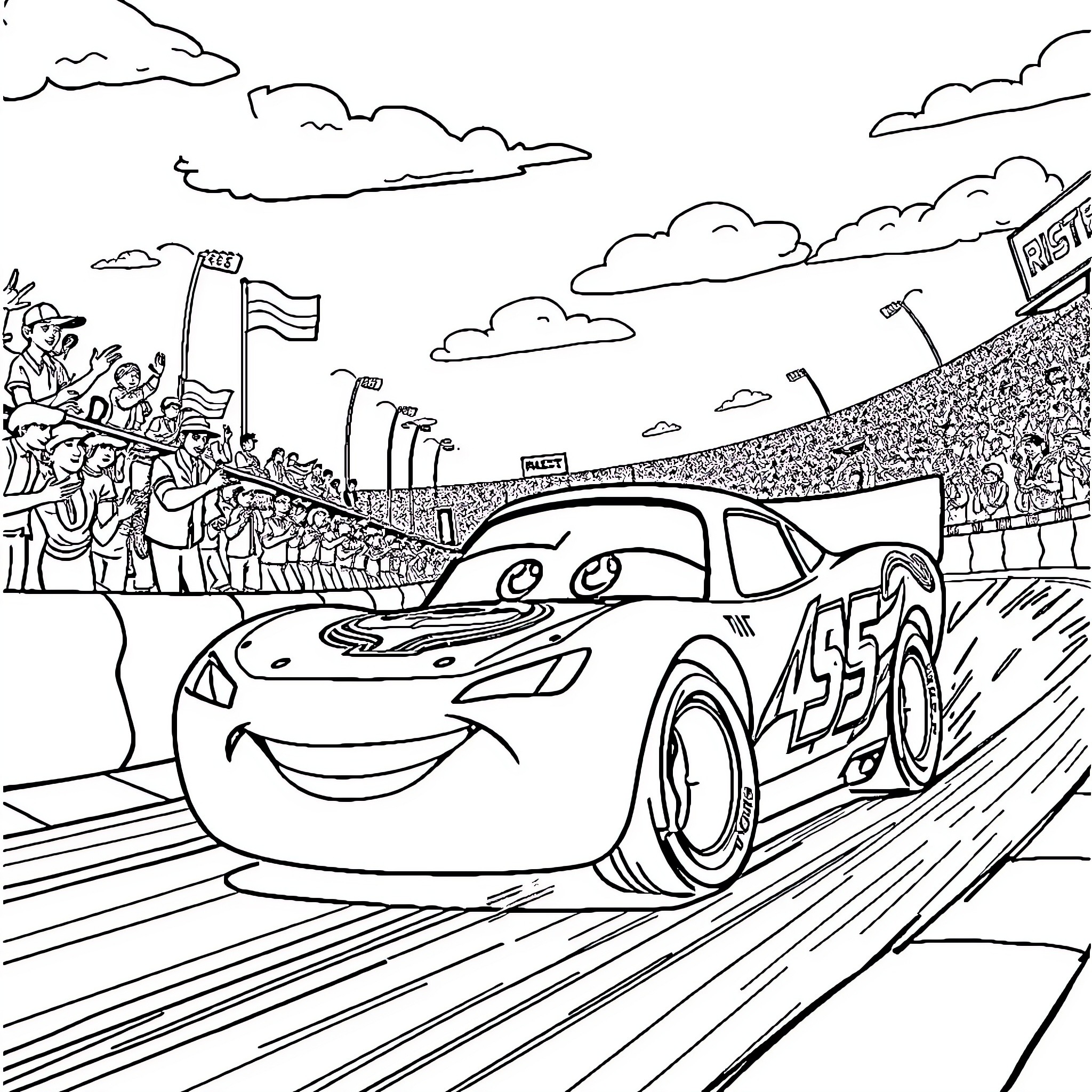 Flash McQueen racing through the checkered flag Coloring Page (free black-and-white line drawing printable PDF for all, from beginners to advanced learners, including children, teens, adults, and seniors)