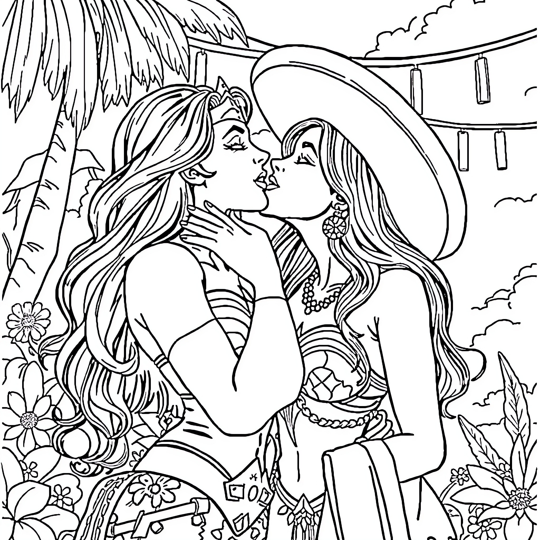 Wonder Woman embracing a fellow warrior in a tropical paradise Coloring Page (free black-and-white line drawing printable PDF for all, from beginners to advanced learners, including children, teens, adults, and seniors)