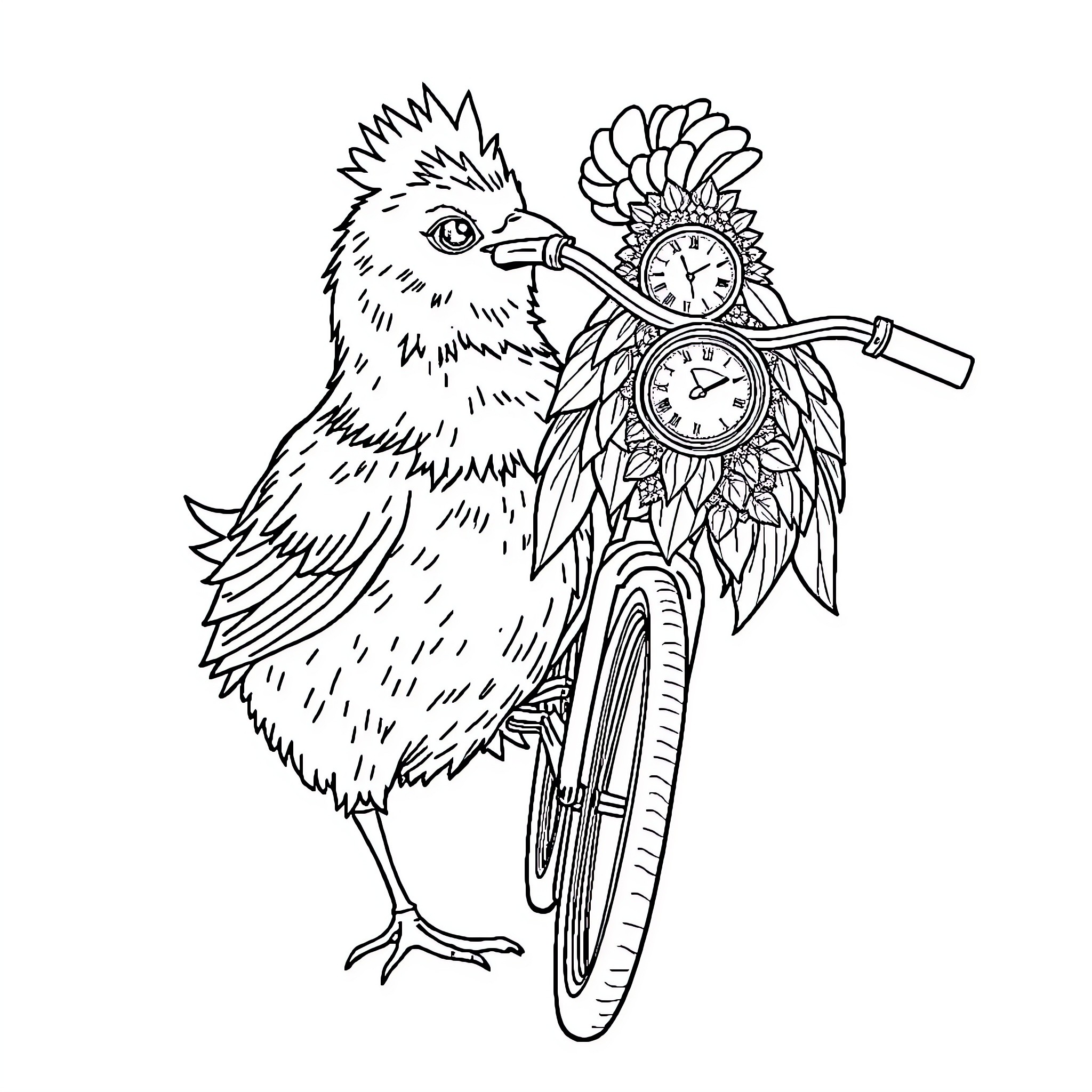 Bicycle-riding Rooster with Clocks Coloring Page (free black-and-white line drawing printable PDF for all, from beginners to advanced learners, including children, teens, adults, and seniors)
