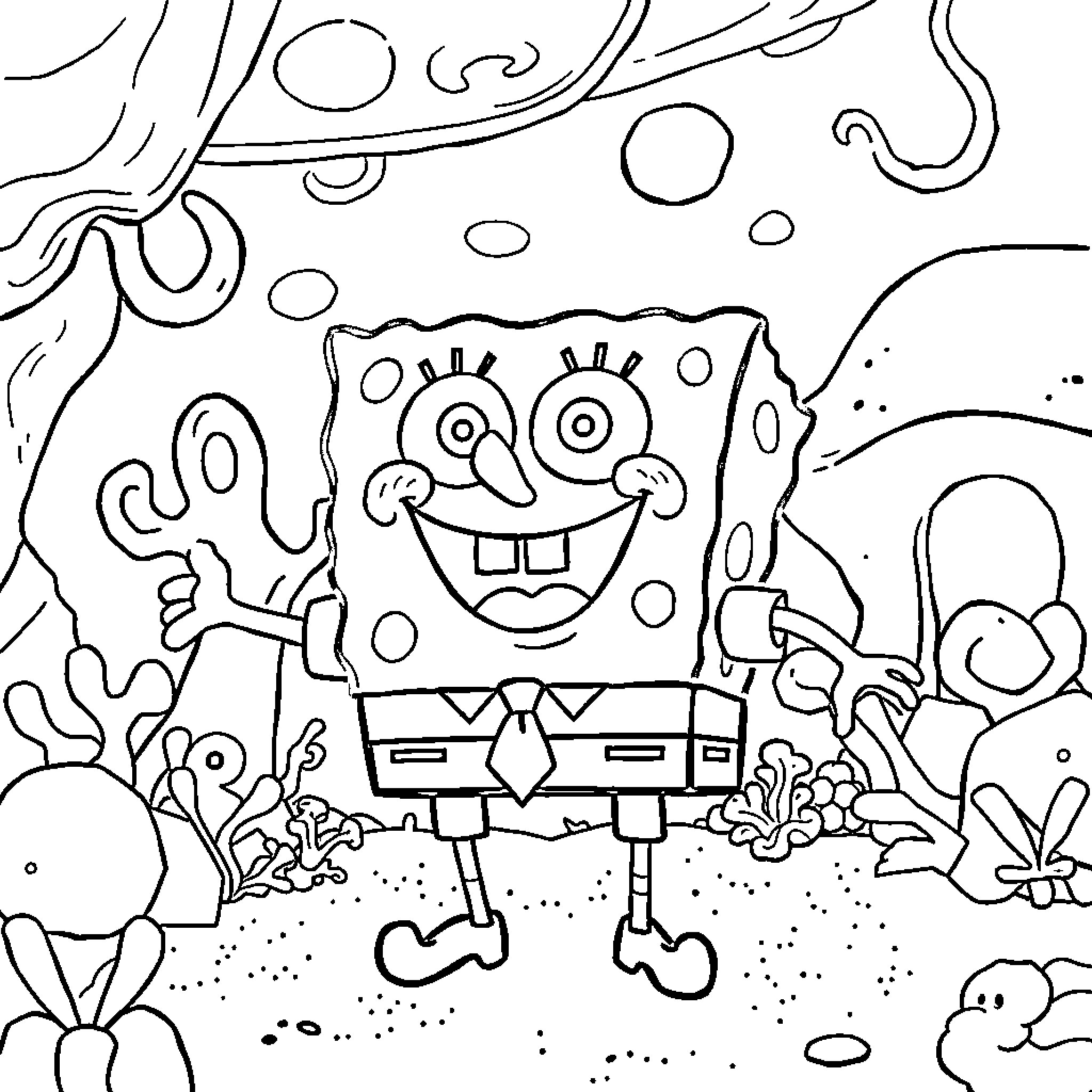 Spongebob dancing and expressing happiness Coloring Page (free black-and-white line drawing printable PDF for all, from beginners to advanced learners, including children, teens, adults, and seniors)