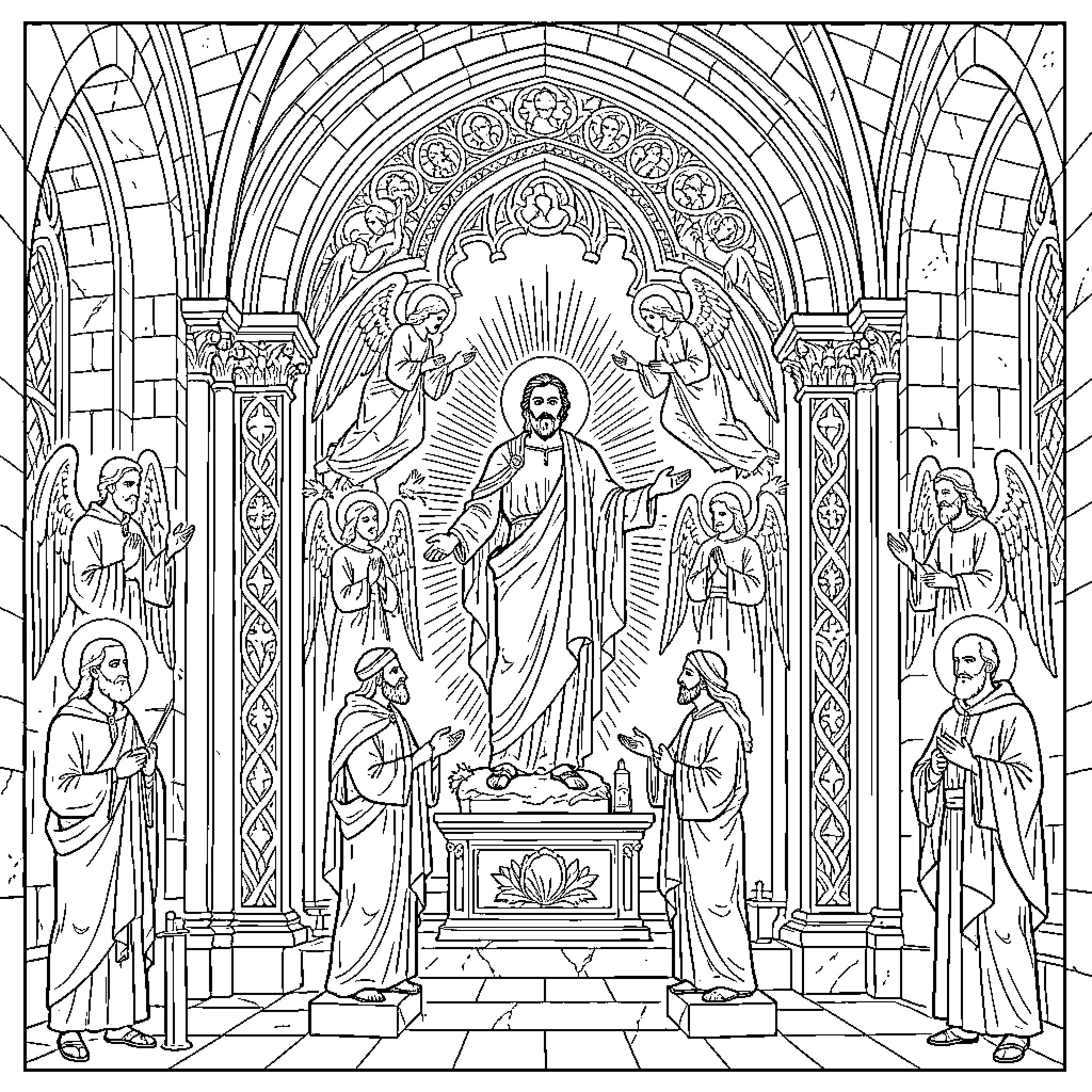 Pantocrator depicted in religious setting with figures Coloring Page (free black-and-white line drawing printable PDF for all, from beginners to advanced learners, including children, teens, adults, and seniors)