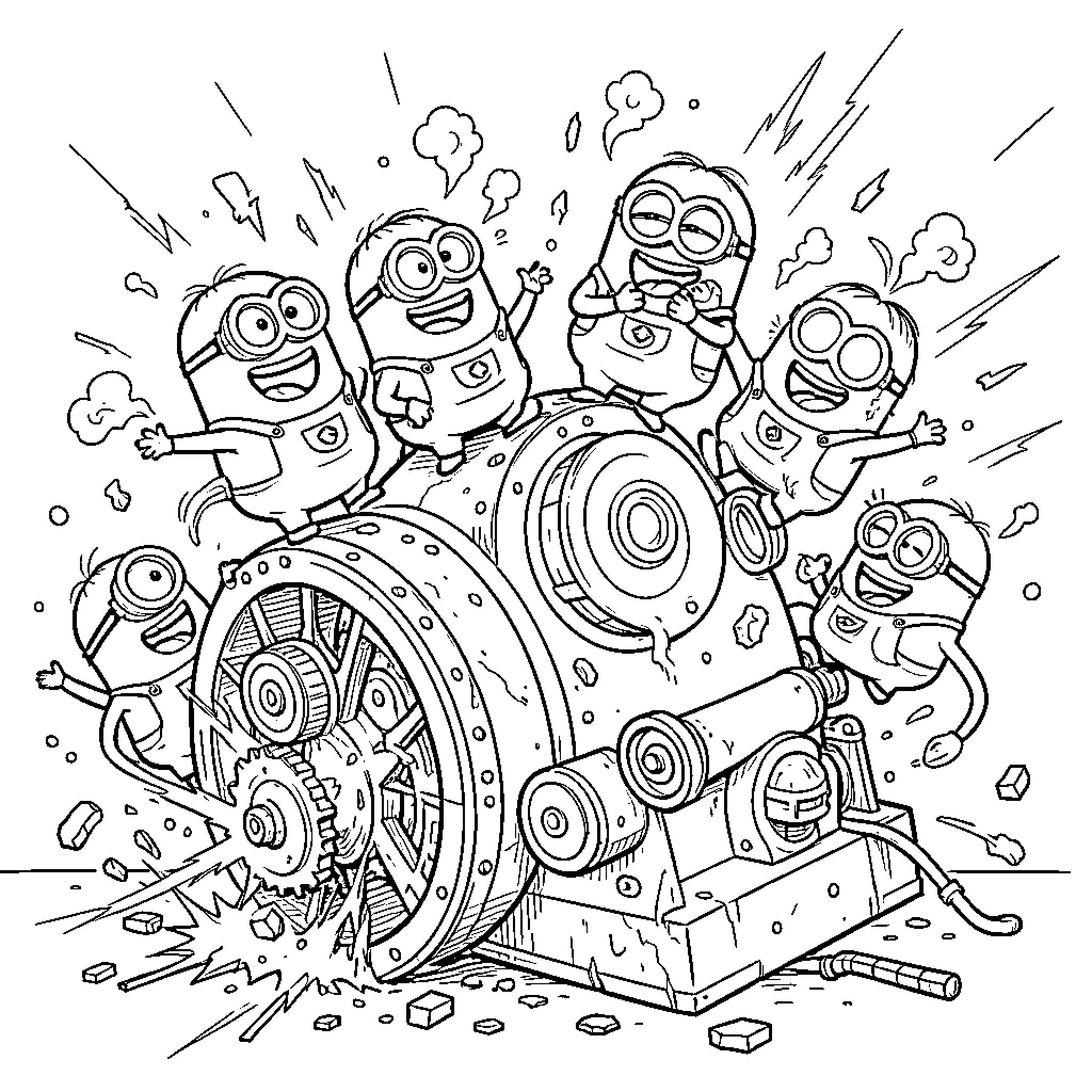 Minions celebrating wildly around a large mechanical machine Coloring Page (free black-and-white line drawing printable PDF for all, from beginners to advanced learners, including children, teens, adults, and seniors)