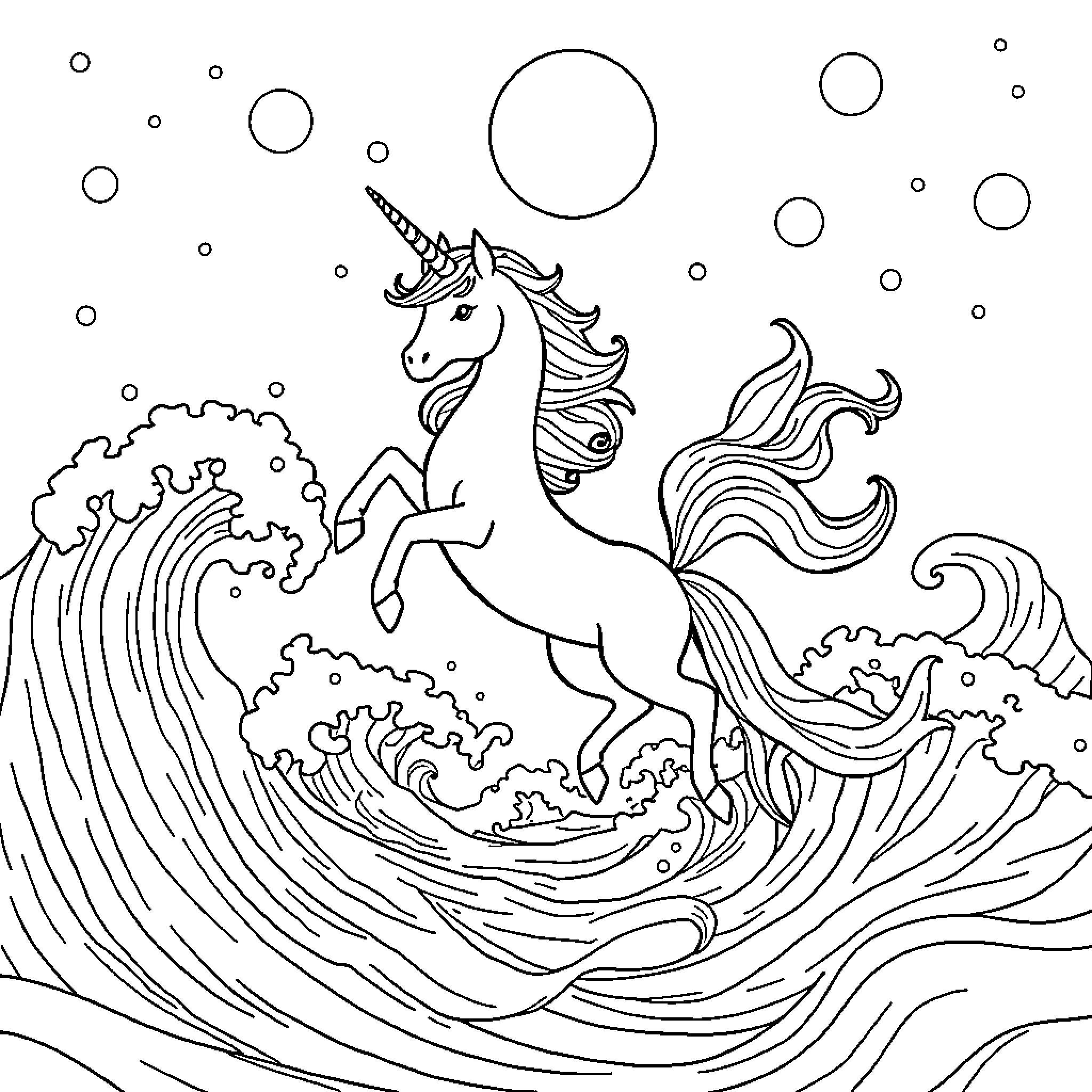 Mermaid Unicorn galloping through magical waves Coloring Page (free black-and-white line drawing printable PDF for all, from beginners to advanced learners, including children, teens, adults, and seniors)