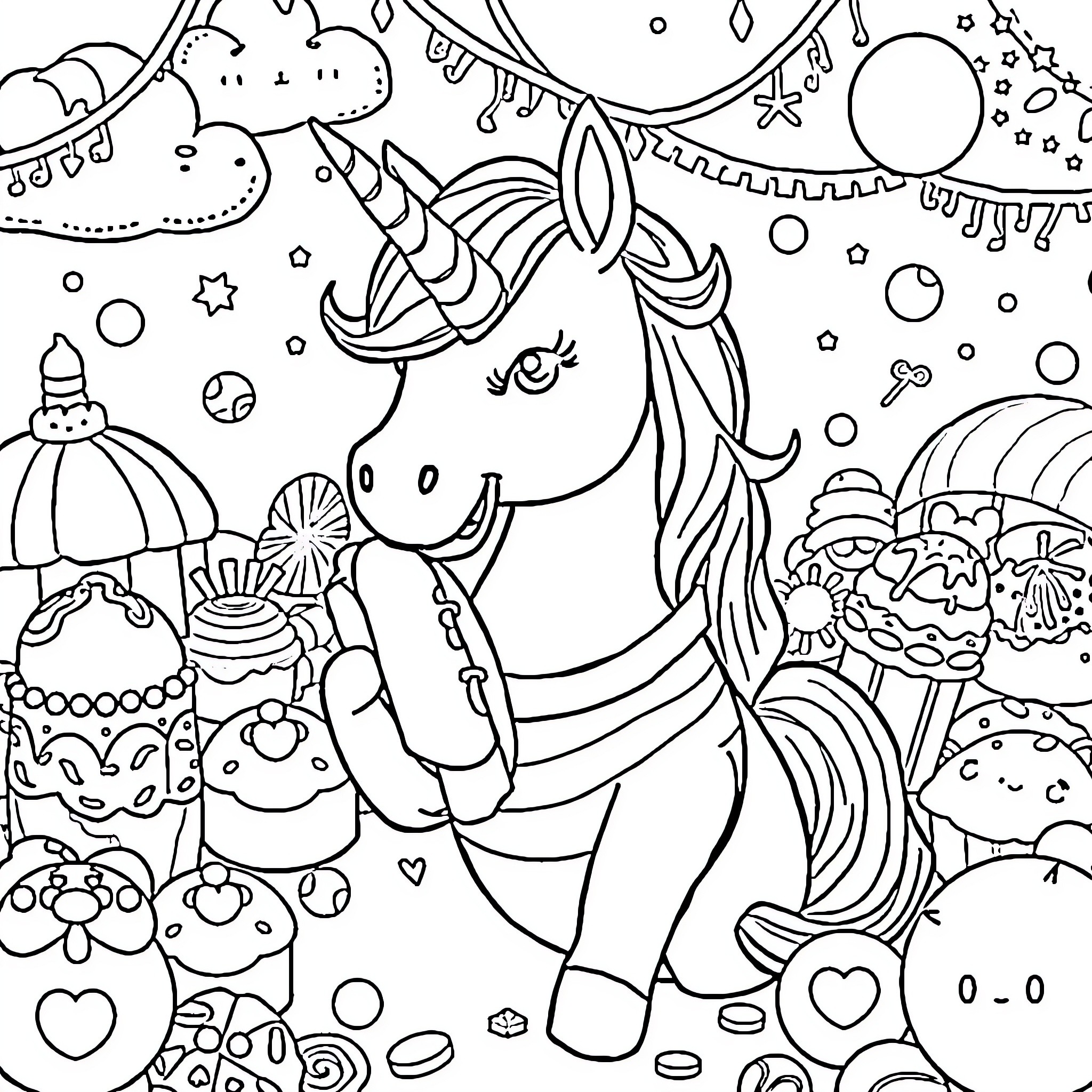 Unicorn surrounded by whimsical fantasy elements Coloring Page (free black-and-white line drawing printable PDF for all, from beginners to advanced learners, including children, teens, adults, and seniors)