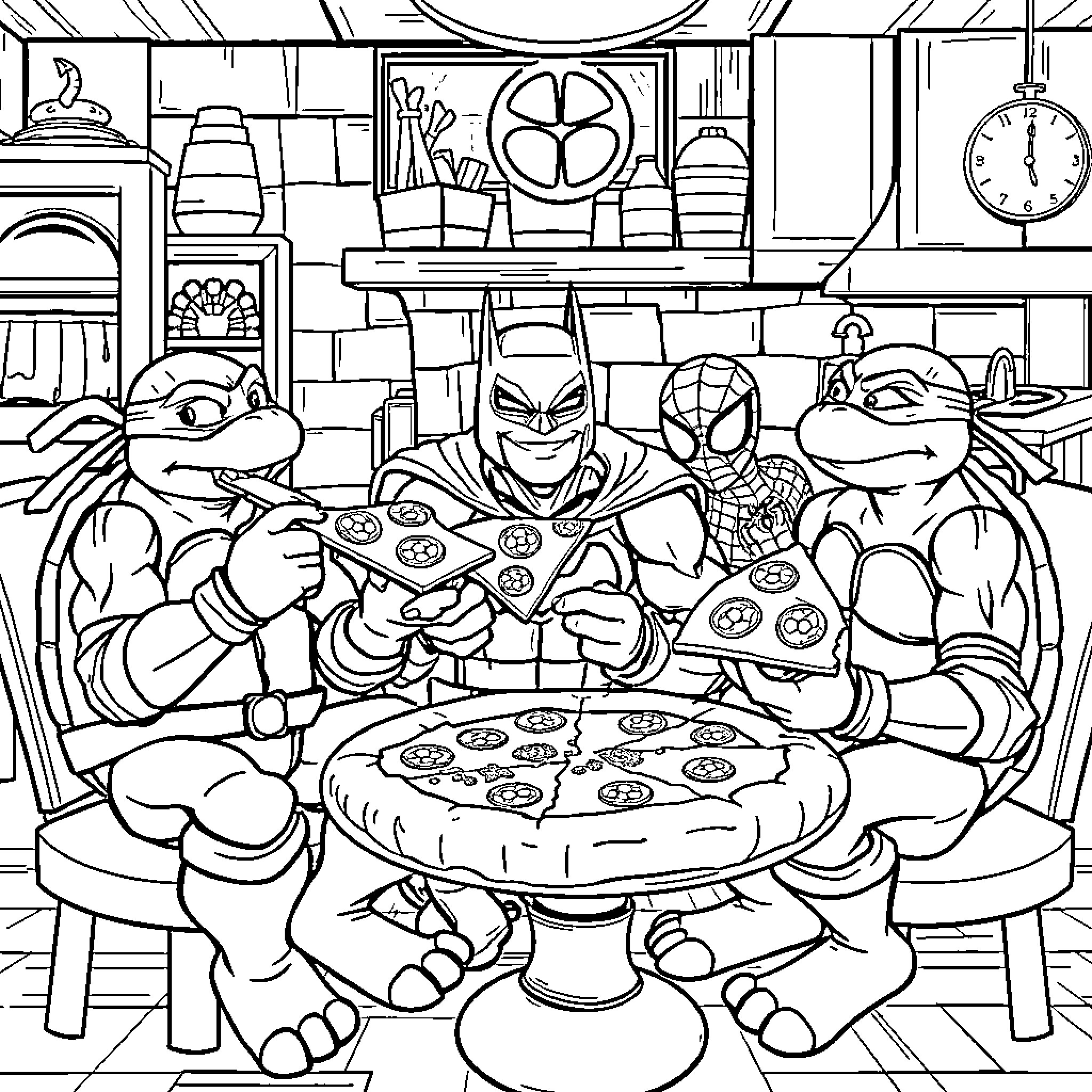 Ninja Turtles Enjoying a Pizza Party Coloring Page (free black-and-white line drawing printable PDF for all, from beginners to advanced learners, including children, teens, adults, and seniors)