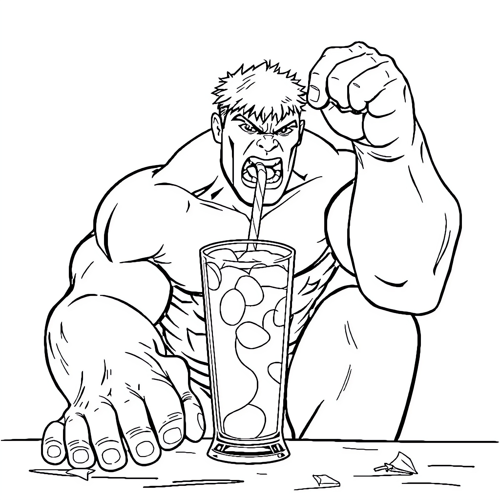 Hulk Enjoying a Refreshing Beverage Coloring Page (free black-and-white line drawing printable PDF for all, from beginners to advanced learners, including children, teens, adults, and seniors)