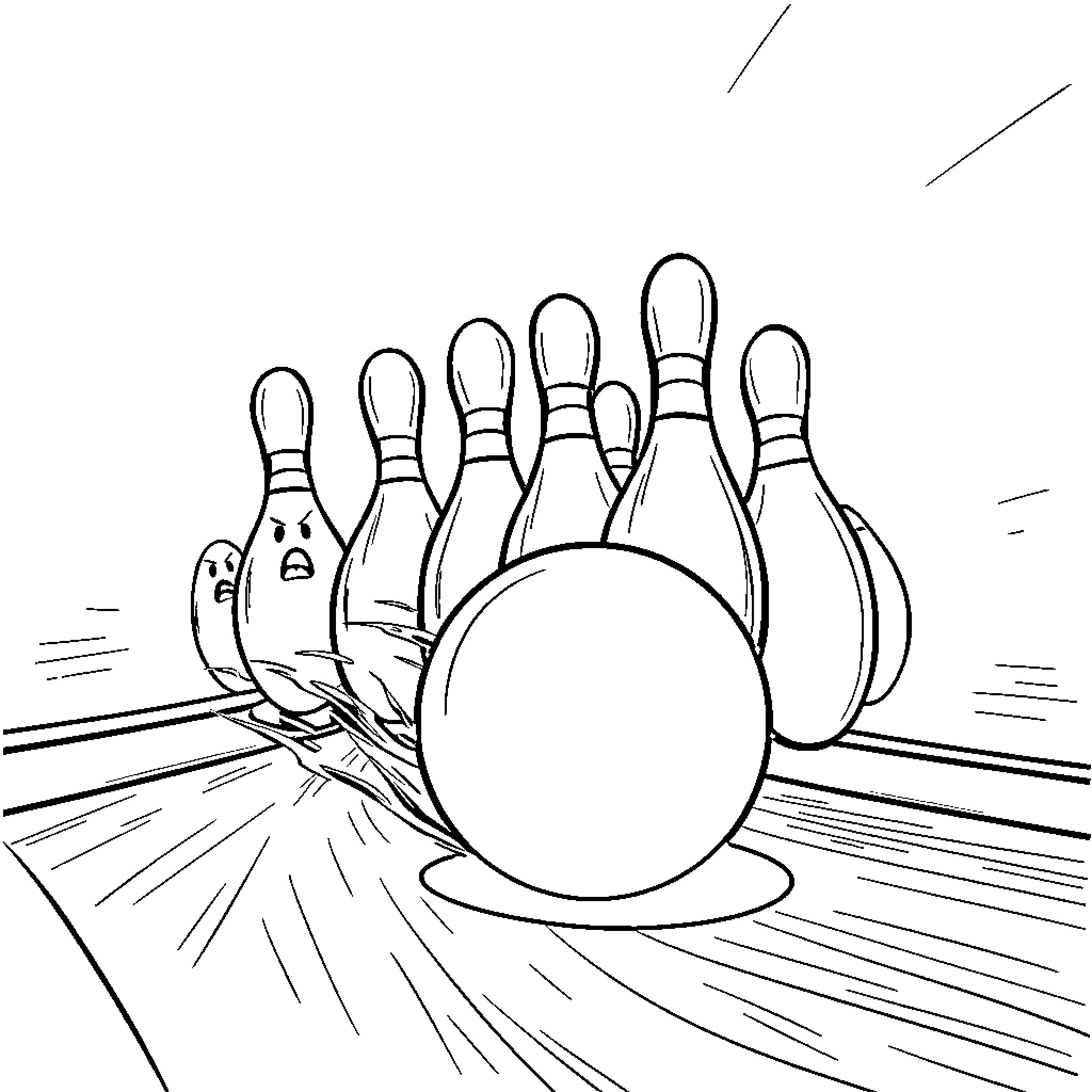 Bowling Ball Knocking Down Pins in Alley Coloring Page (free black-and-white line drawing printable PDF for all, from beginners to advanced learners, including children, teens, adults, and seniors)