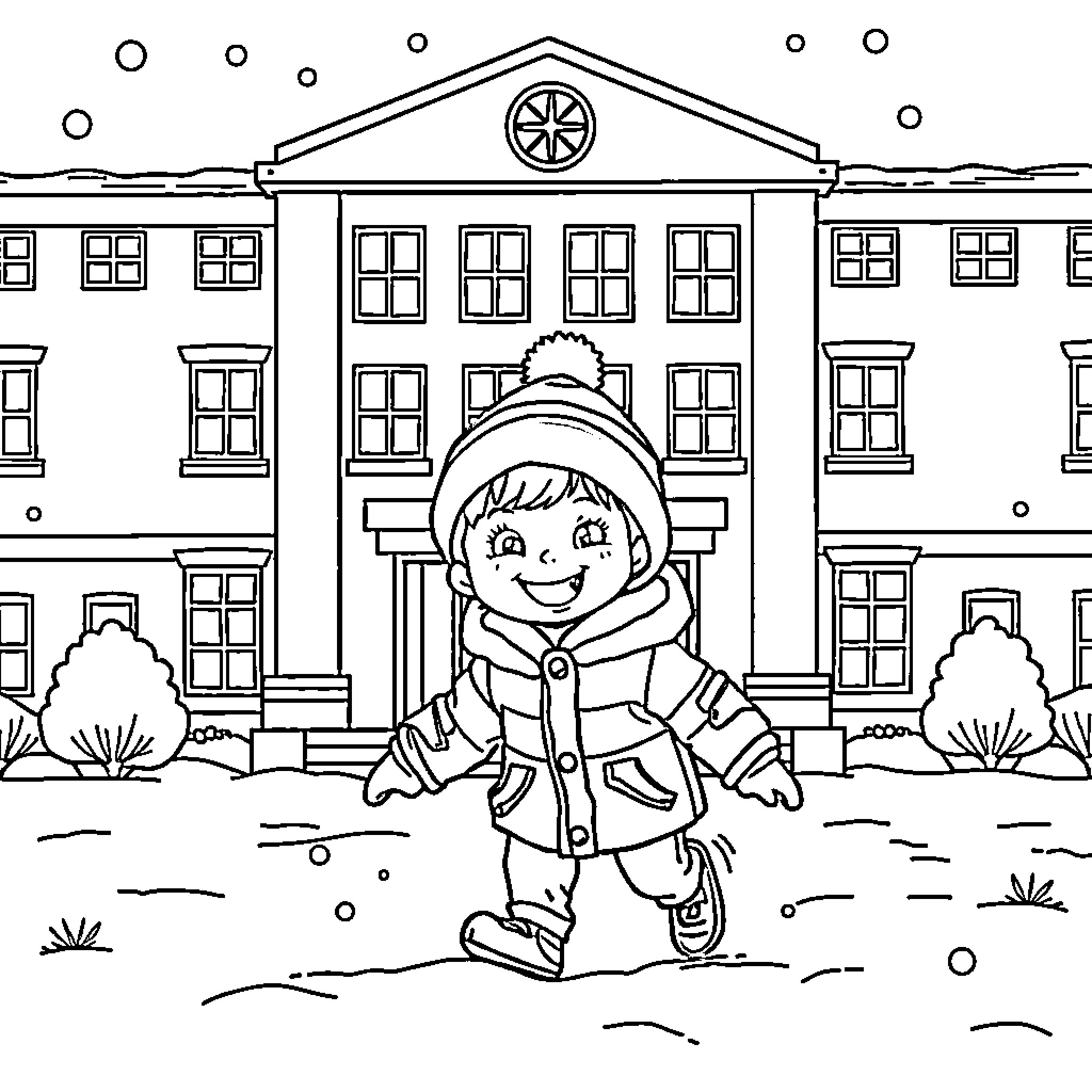 Child walking in snowy winter scene Coloring Page (free black-and-white line drawing printable PDF for all, from beginners to advanced learners, including children, teens, adults, and seniors)