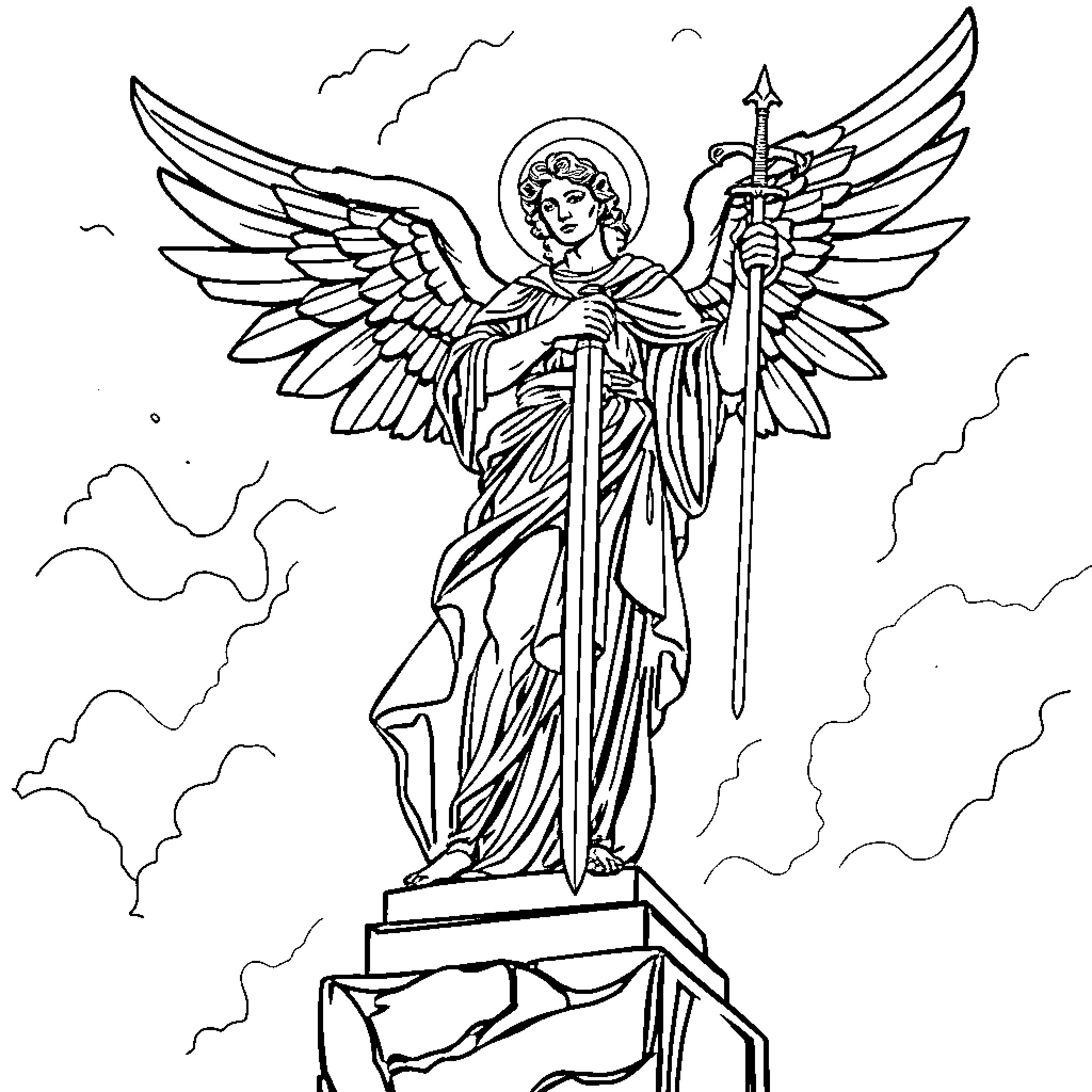 Saint Michael the Archangel in Battle Stance Coloring Page (free black-and-white line drawing printable PDF for all, from beginners to advanced learners, including children, teens, adults, and seniors)