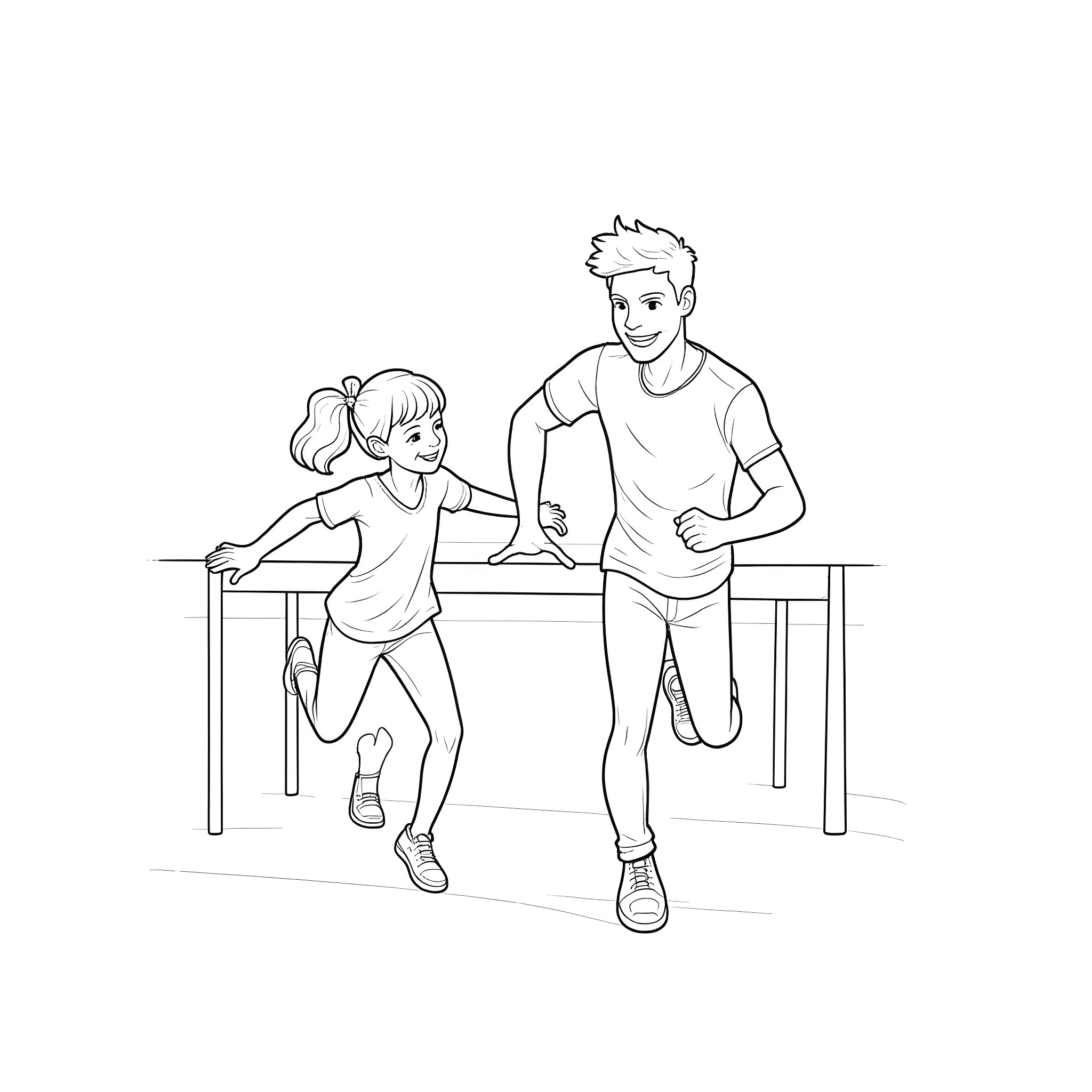 Dad and child playing together at school desk Coloring Page (free black-and-white line drawing printable PDF for all, from beginners to advanced learners, including children, teens, adults, and seniors)