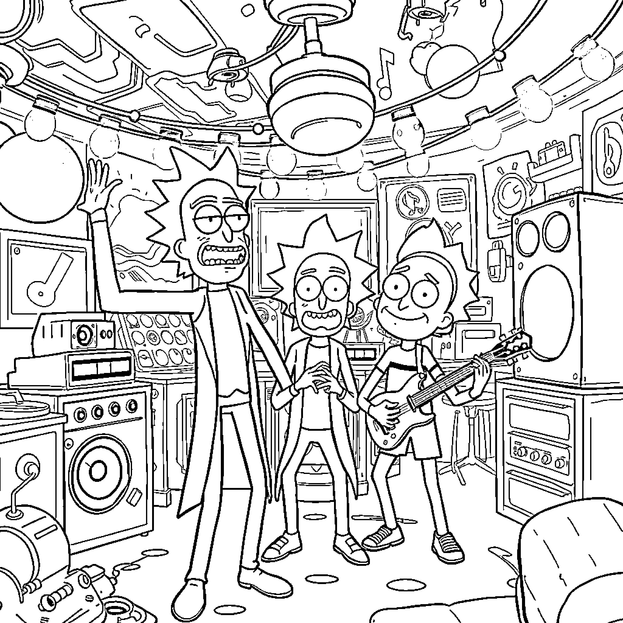 Rick And Morty Jamming in a Futuristic Music Studio Coloring Page (free black-and-white line drawing printable PDF for all, from beginners to advanced learners, including children, teens, adults, and seniors)