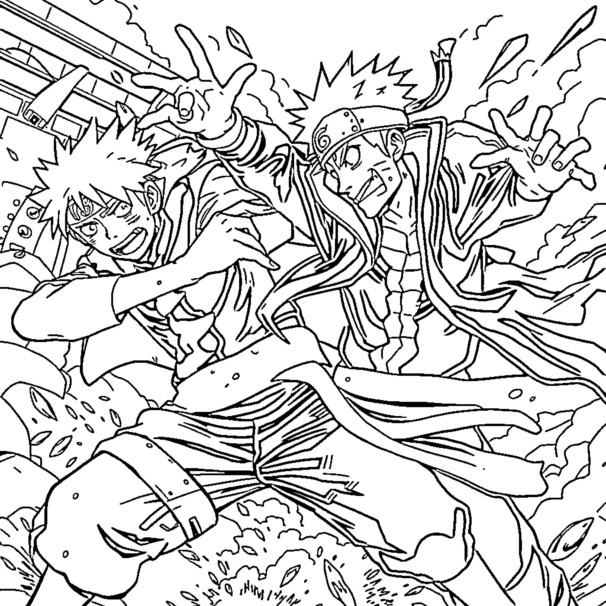Naruto characters in fierce battle with intense energy Coloring Page (free black-and-white line drawing printable PDF for all, from beginners to advanced learners, including children, teens, adults, and seniors)
