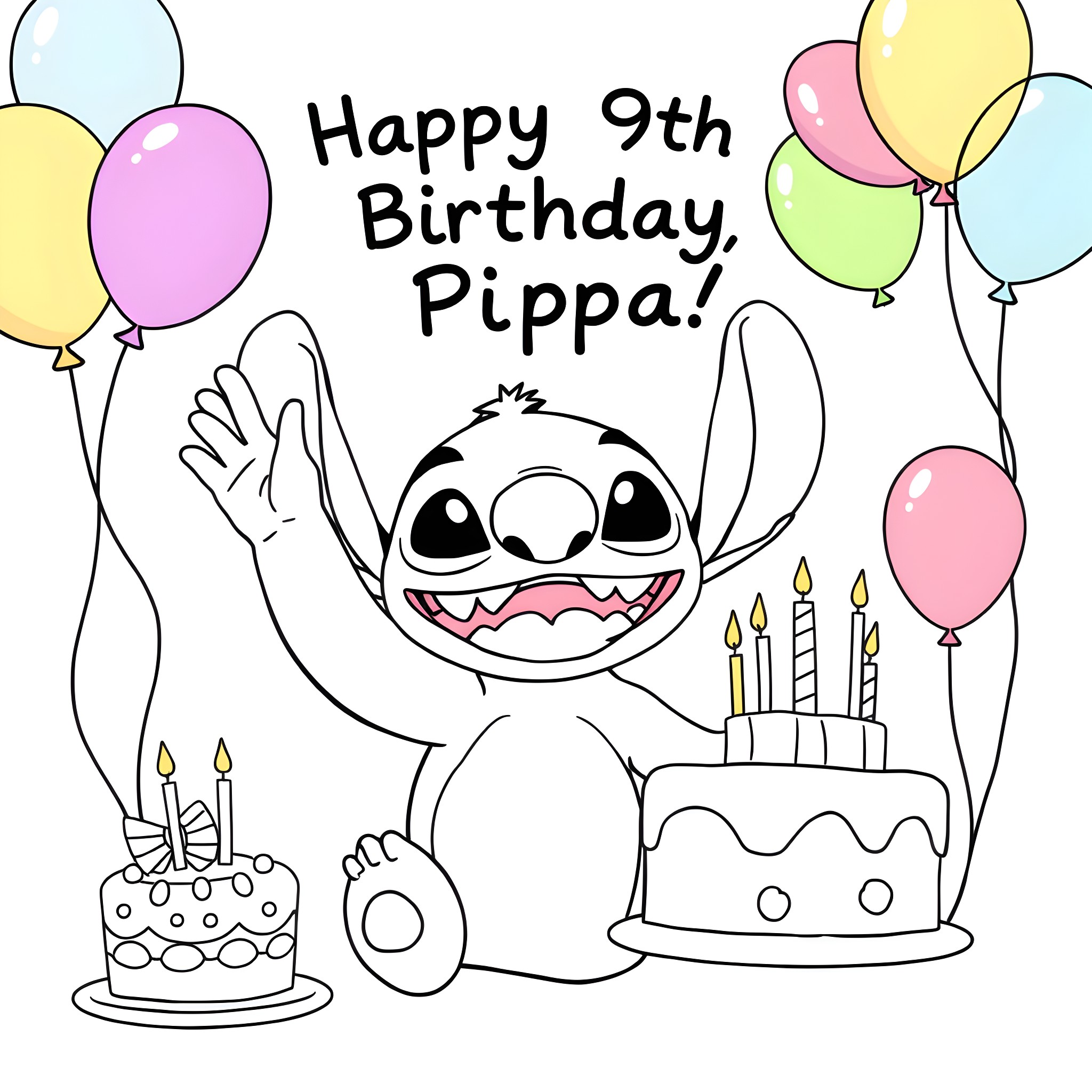 Stitch celebrating happy 9th birthday with balloons and cake Coloring Page (free black-and-white line drawing printable PDF for all, from beginners to advanced learners, including children, teens, adults, and seniors)