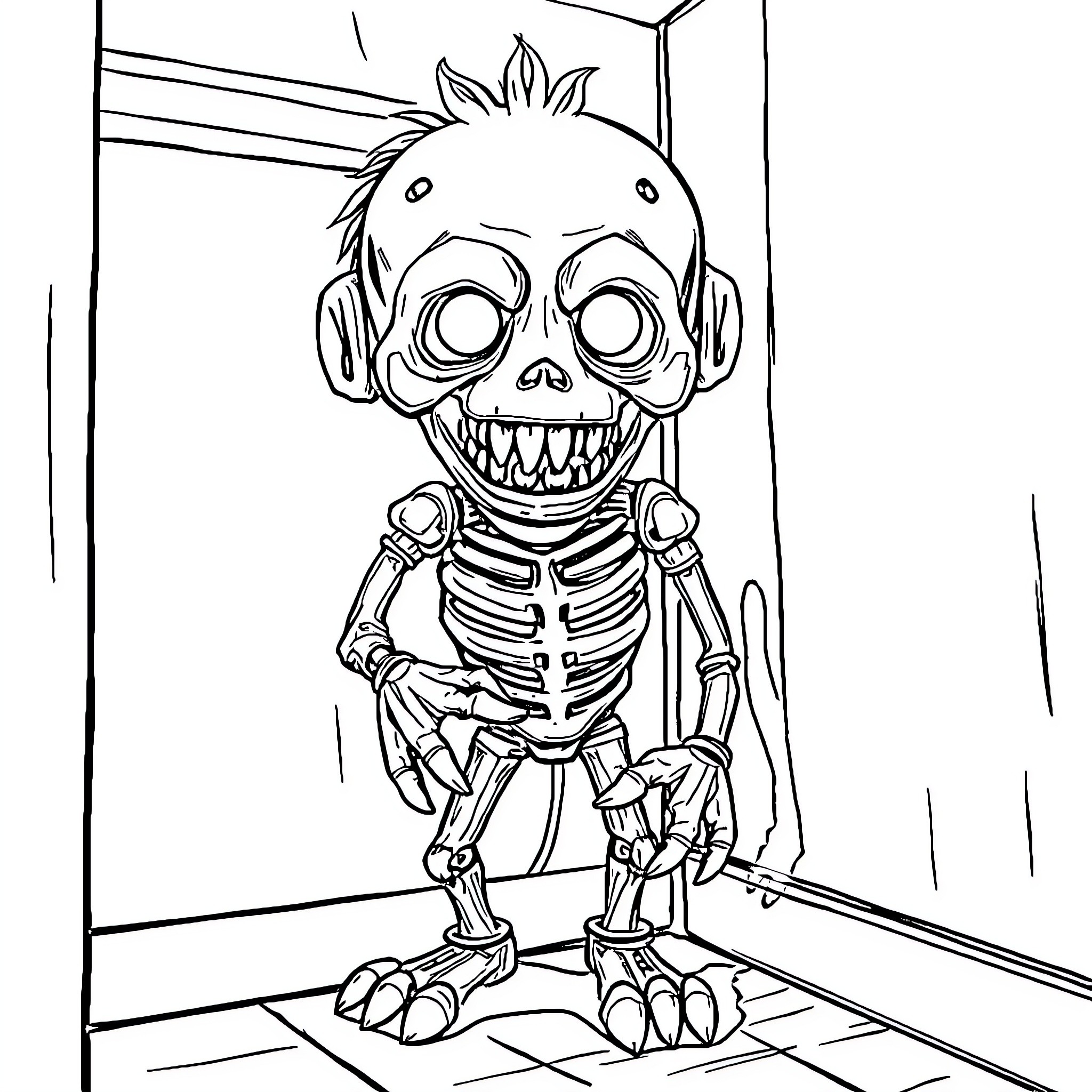 Animatronic skeleton with sinister expression Coloring Page (free black-and-white line drawing printable PDF for all, from beginners to advanced learners, including children, teens, adults, and seniors)