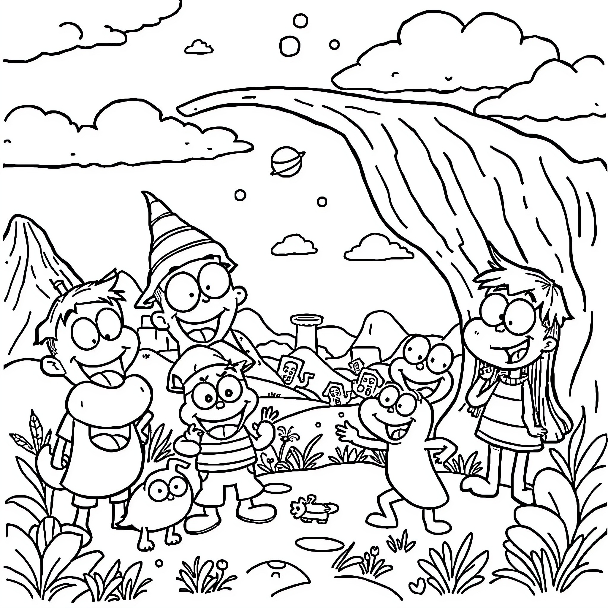 Cartoon Characters in a Whimsical Outdoor Scene Coloring Page (free black-and-white line drawing printable PDF for all, from beginners to advanced learners, including children, teens, adults, and seniors)