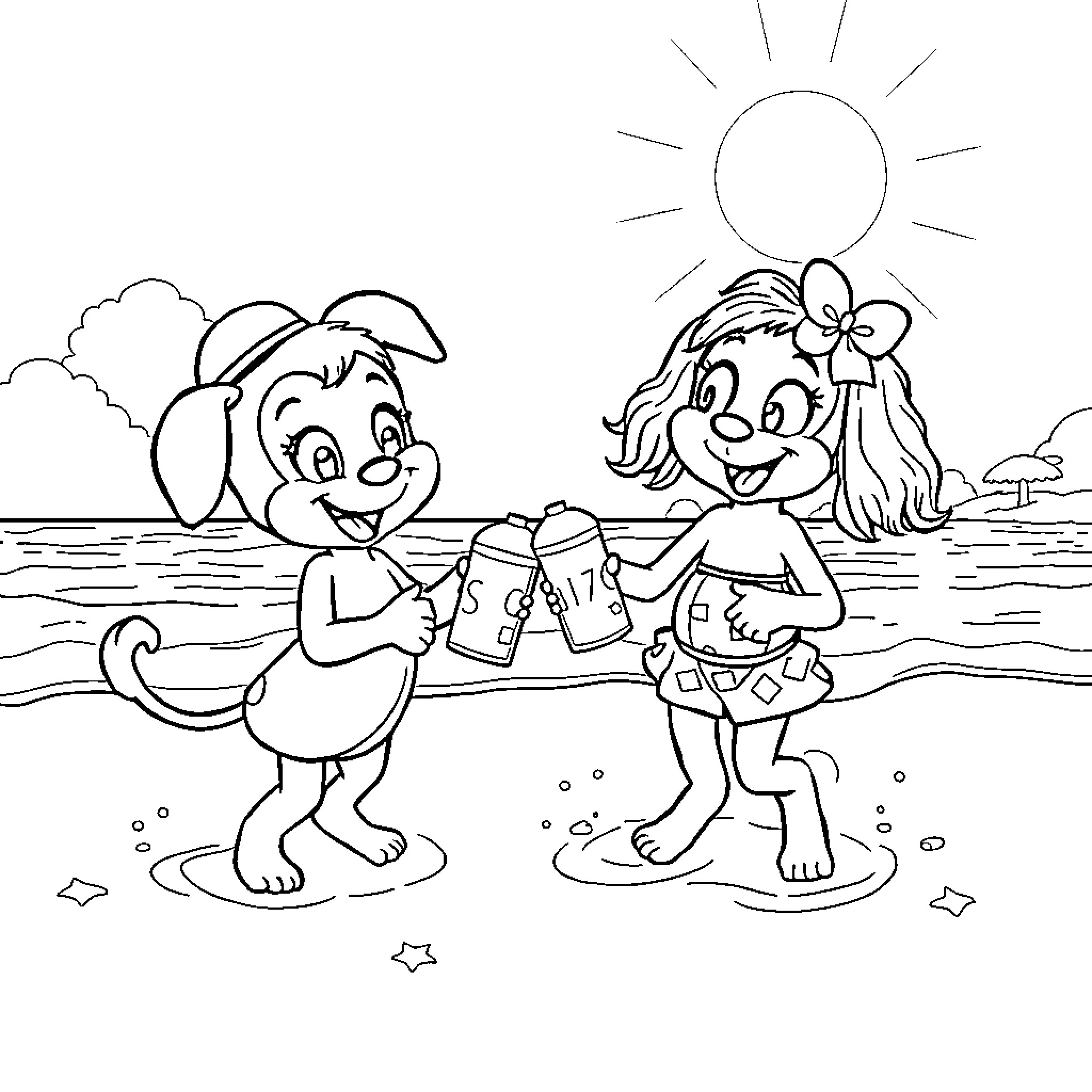 Bluey and friends enjoy summer fun at the beach Coloring Page (free black-and-white line drawing printable PDF for all, from beginners to advanced learners, including children, teens, adults, and seniors)