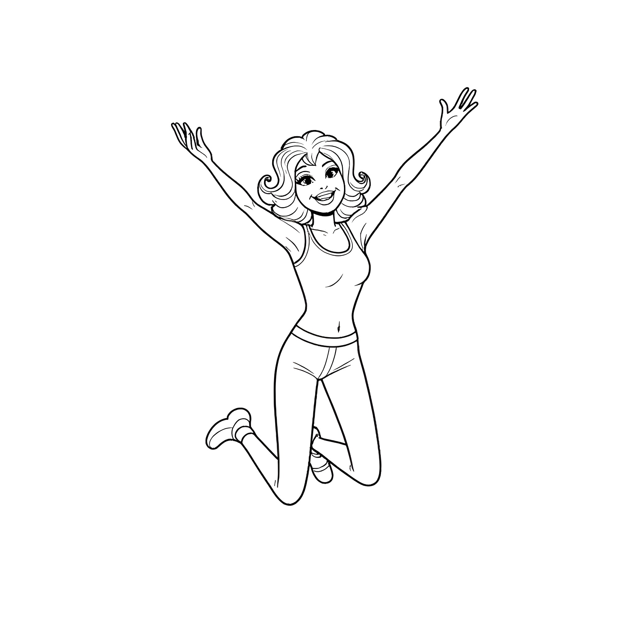 Dolly Parton joyfully jumping with arms raised Coloring Page (free black-and-white line drawing printable PDF for all, from beginners to advanced learners, including children, teens, adults, and seniors)