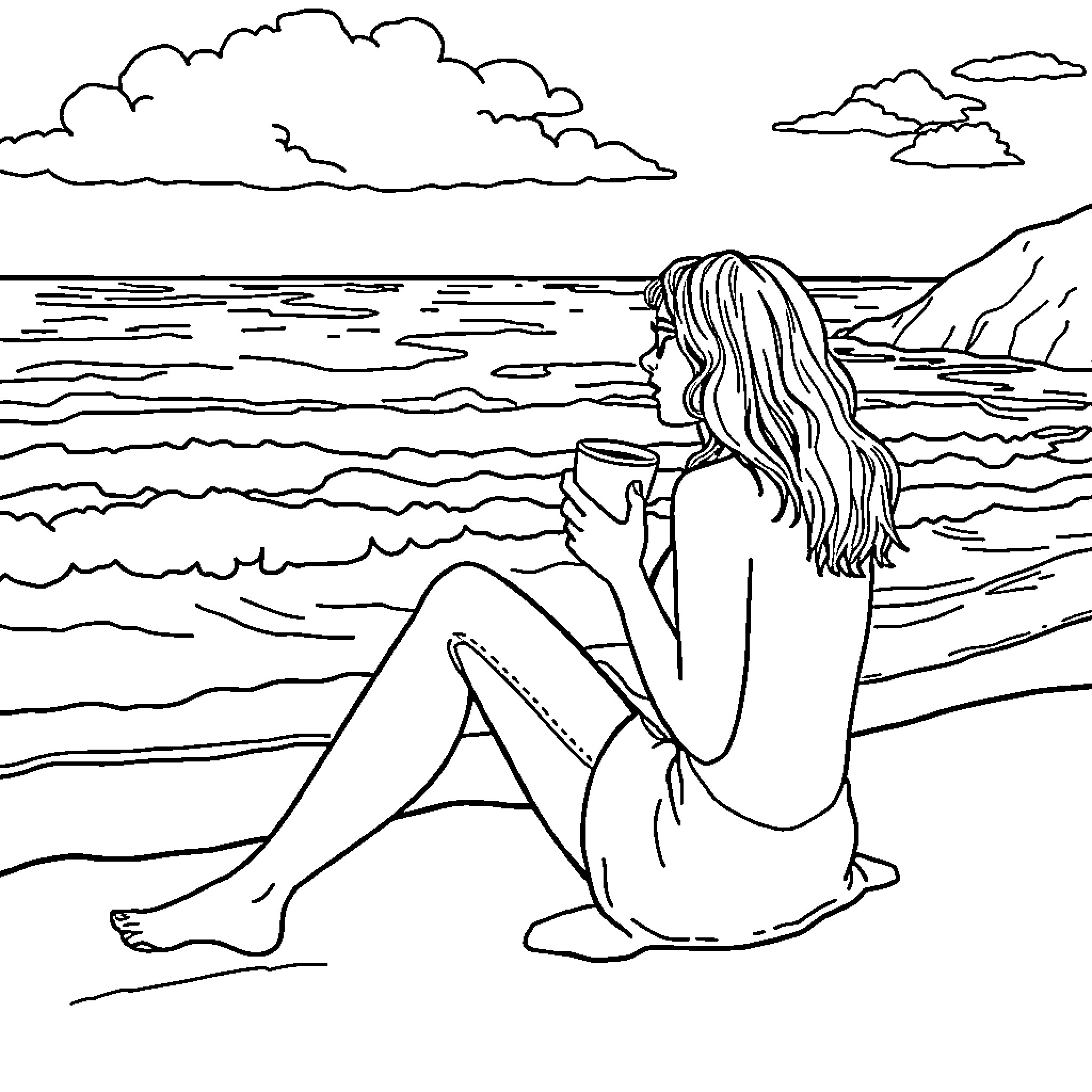 Woman enjoying coffee by the serene ocean Coloring Page (free black-and-white line drawing printable PDF for all, from beginners to advanced learners, including children, teens, adults, and seniors)
