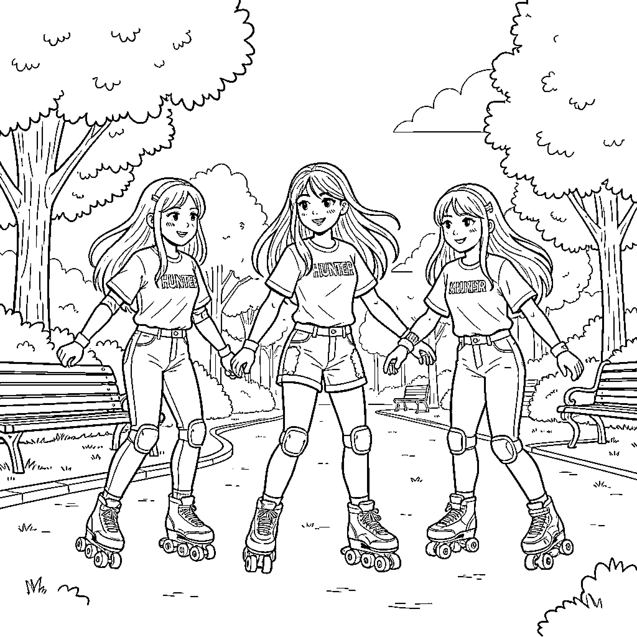 Fille friends roller skating together in the park Coloring Page (free black-and-white line drawing printable PDF for all, from beginners to advanced learners, including children, teens, adults, and seniors)