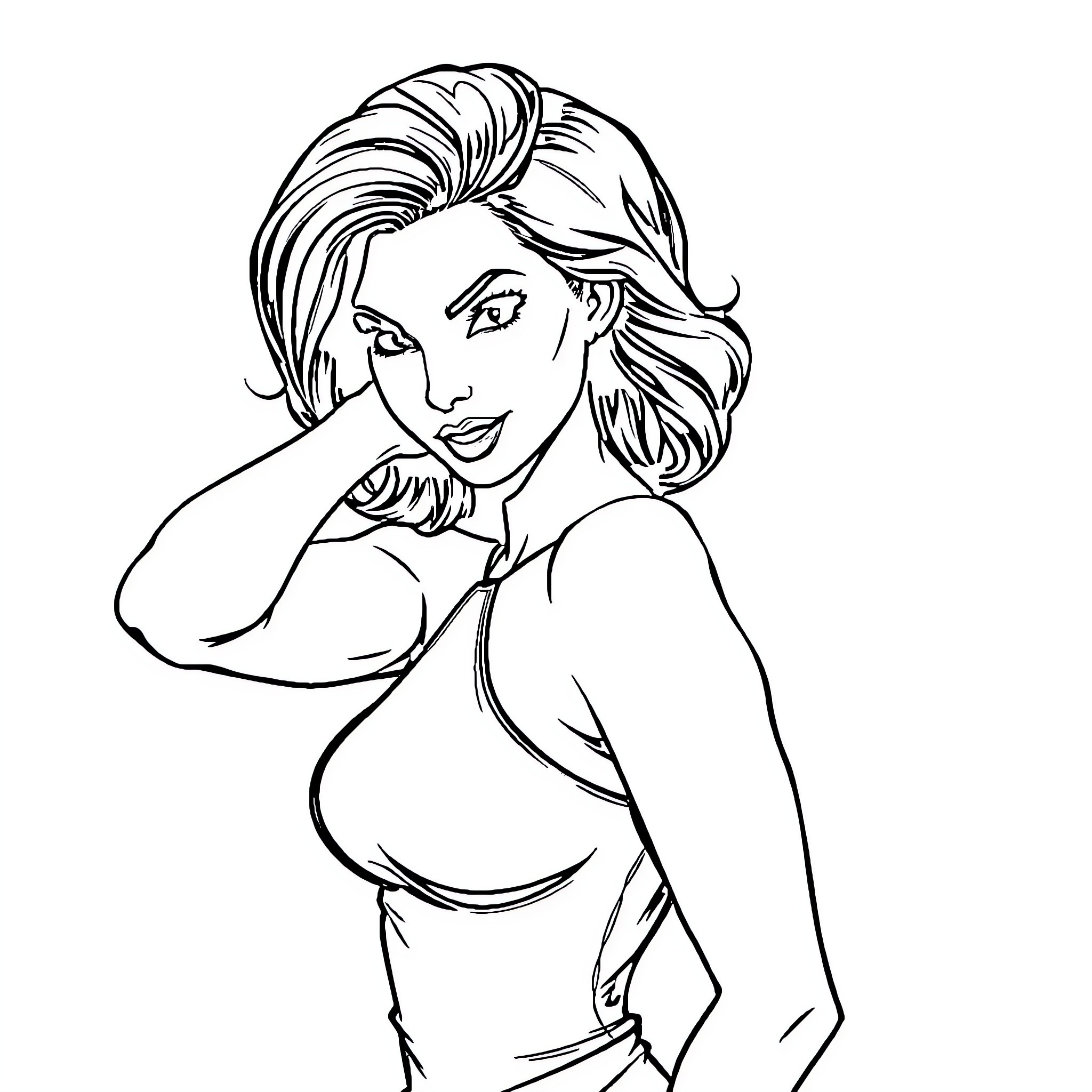 Woman in Contemplative Pose Coloring Page (free black-and-white line drawing printable PDF for all, from beginners to advanced learners, including children, teens, adults, and seniors)