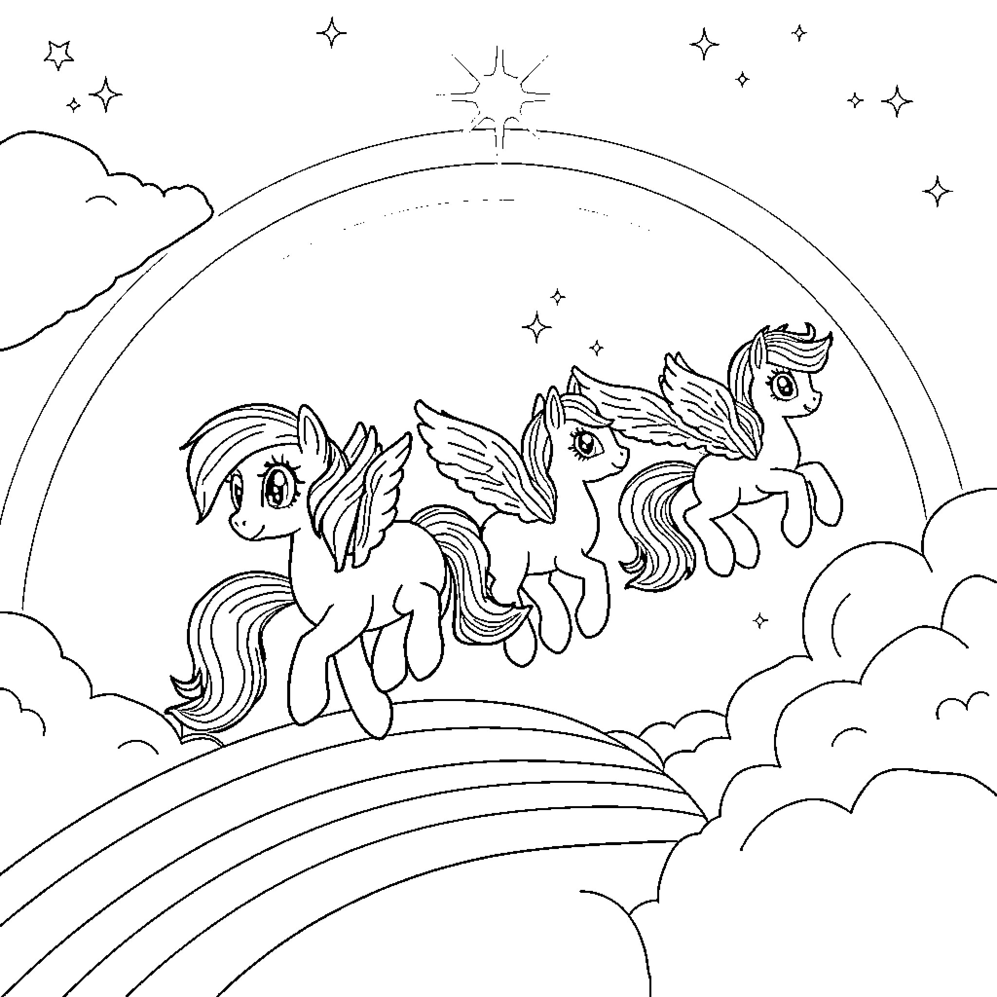 Pony friends soaring over the rainbow Coloring Page (free black-and-white line drawing printable PDF for all, from beginners to advanced learners, including children, teens, adults, and seniors)