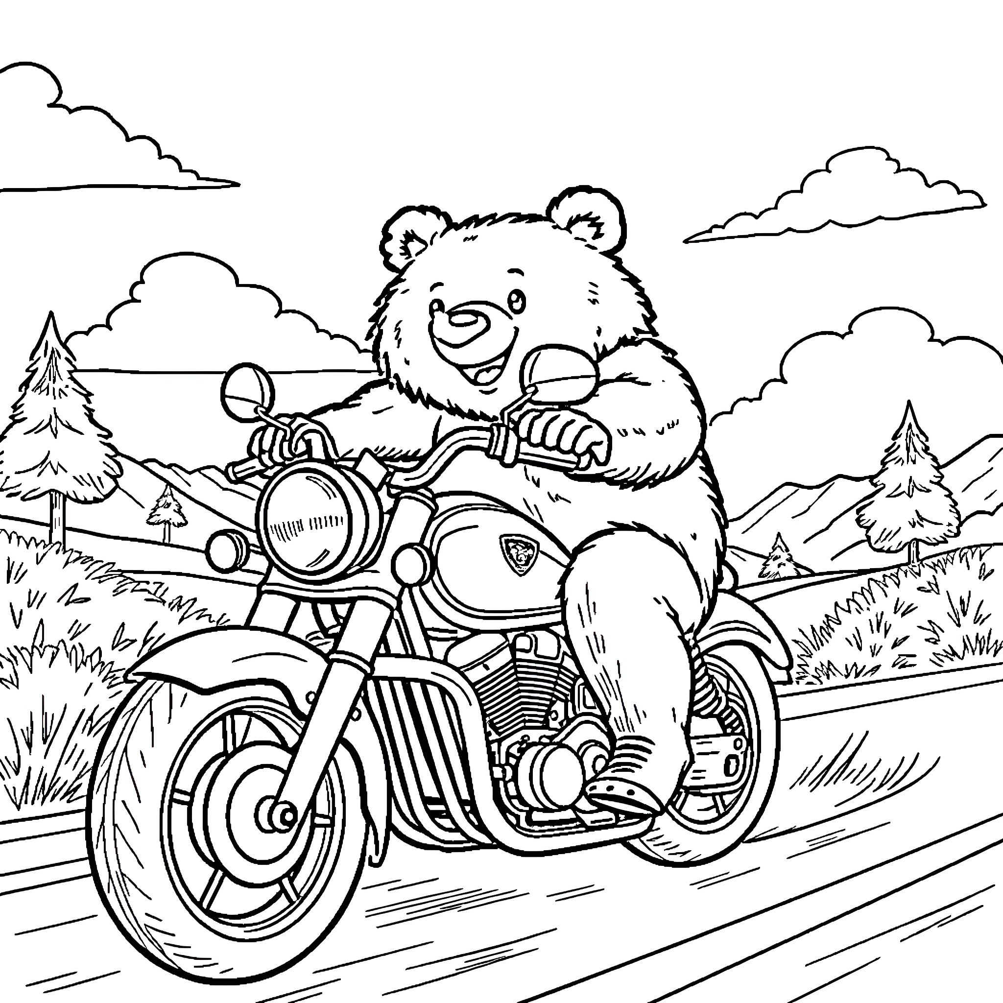 Bear riding a motorcycle in a scenic landscape Coloring Page (free black-and-white line drawing printable PDF for all, from beginners to advanced learners, including children, teens, adults, and seniors)