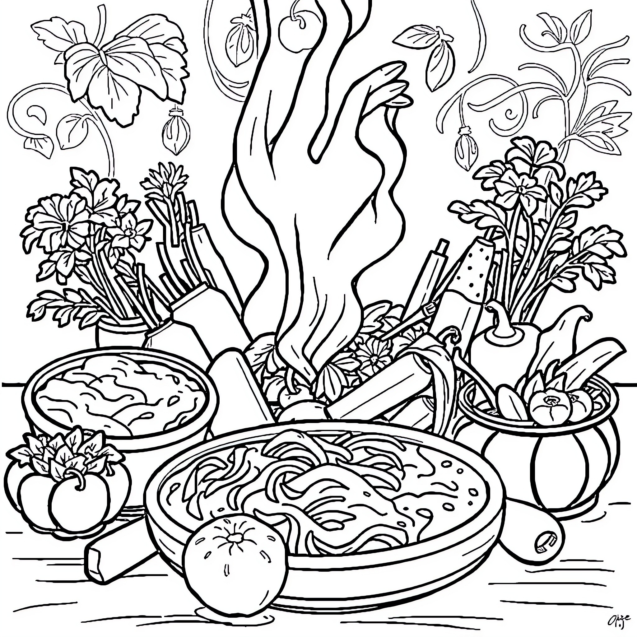 Vegetable Dishes and Culinary Delights Coloring Page (free black-and-white line drawing printable PDF for all, from beginners to advanced learners, including children, teens, adults, and seniors)