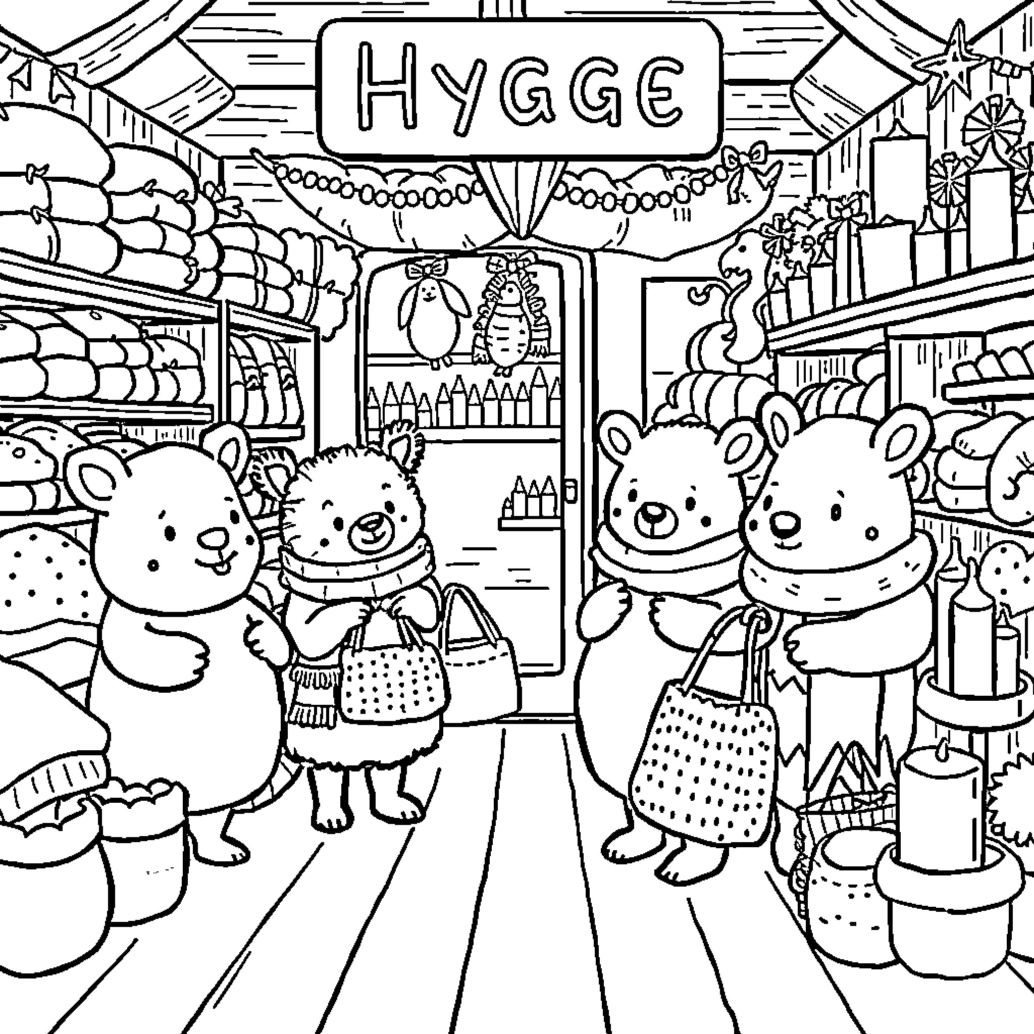 Animal friends shopping at the Hygge store Coloring Page (free black-and-white line drawing printable PDF for all, from beginners to advanced learners, including children, teens, adults, and seniors)
