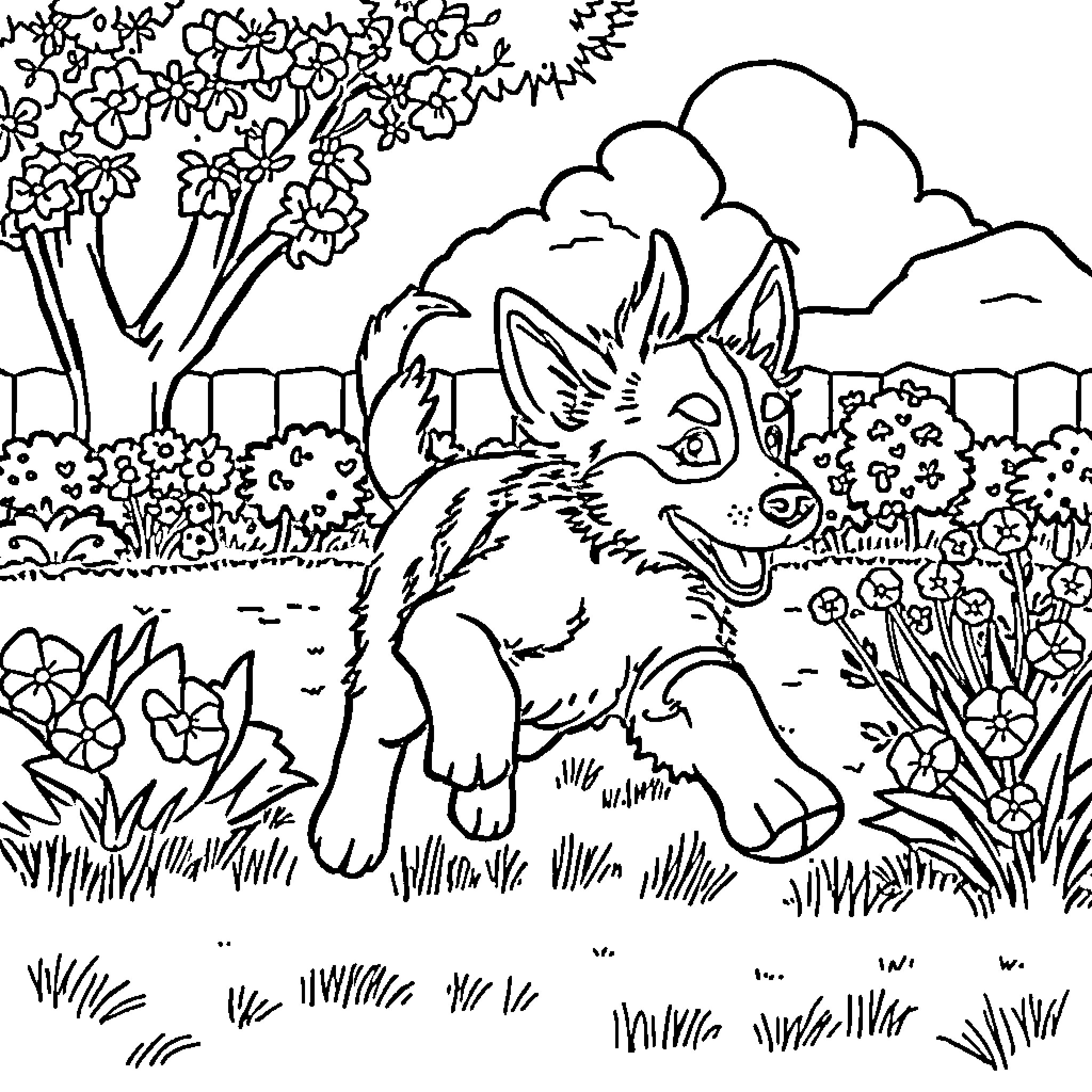 Bluey playing happily in a beautiful garden Coloring Page (free black-and-white line drawing printable PDF for all, from beginners to advanced learners, including children, teens, adults, and seniors)