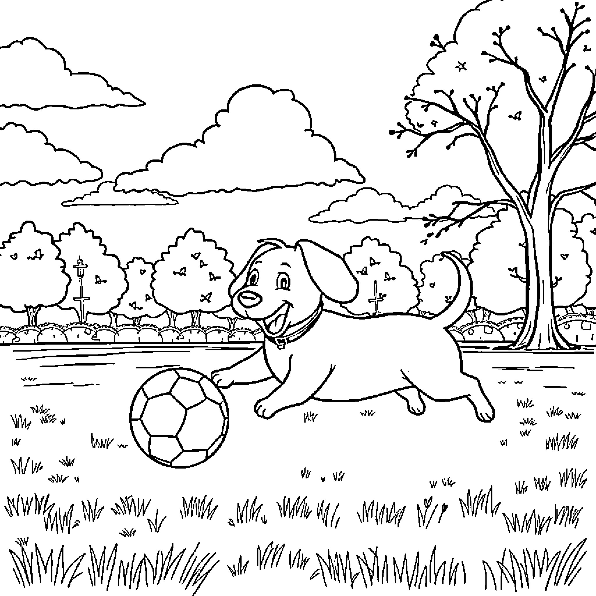 Sausage Dog Playing with Soccer Ball in Park Coloring Page (free black-and-white line drawing printable PDF for all, from beginners to advanced learners, including children, teens, adults, and seniors)