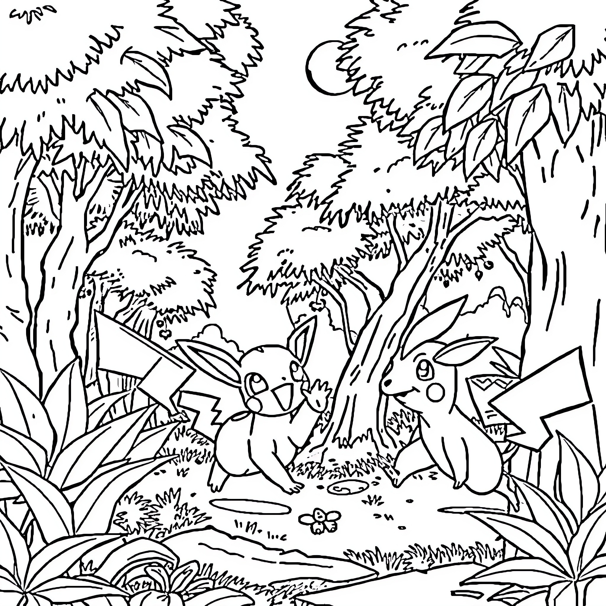 Pokémon friends exploring the lush forest Coloring Page (free black-and-white line drawing printable PDF for all, from beginners to advanced learners, including children, teens, adults, and seniors)
