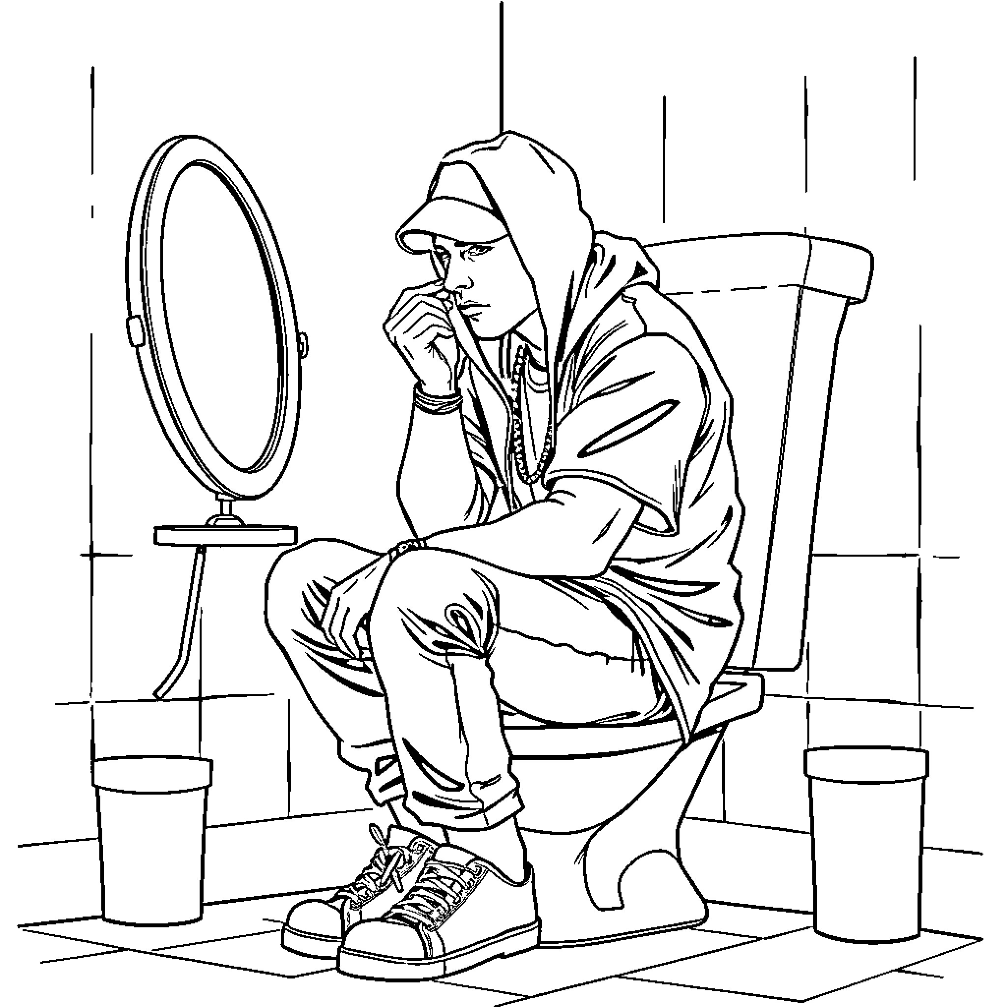 Eminem Contemplates Reflection in Mirror Coloring Page (free black-and-white line drawing printable PDF for all, from beginners to advanced learners, including children, teens, adults, and seniors)