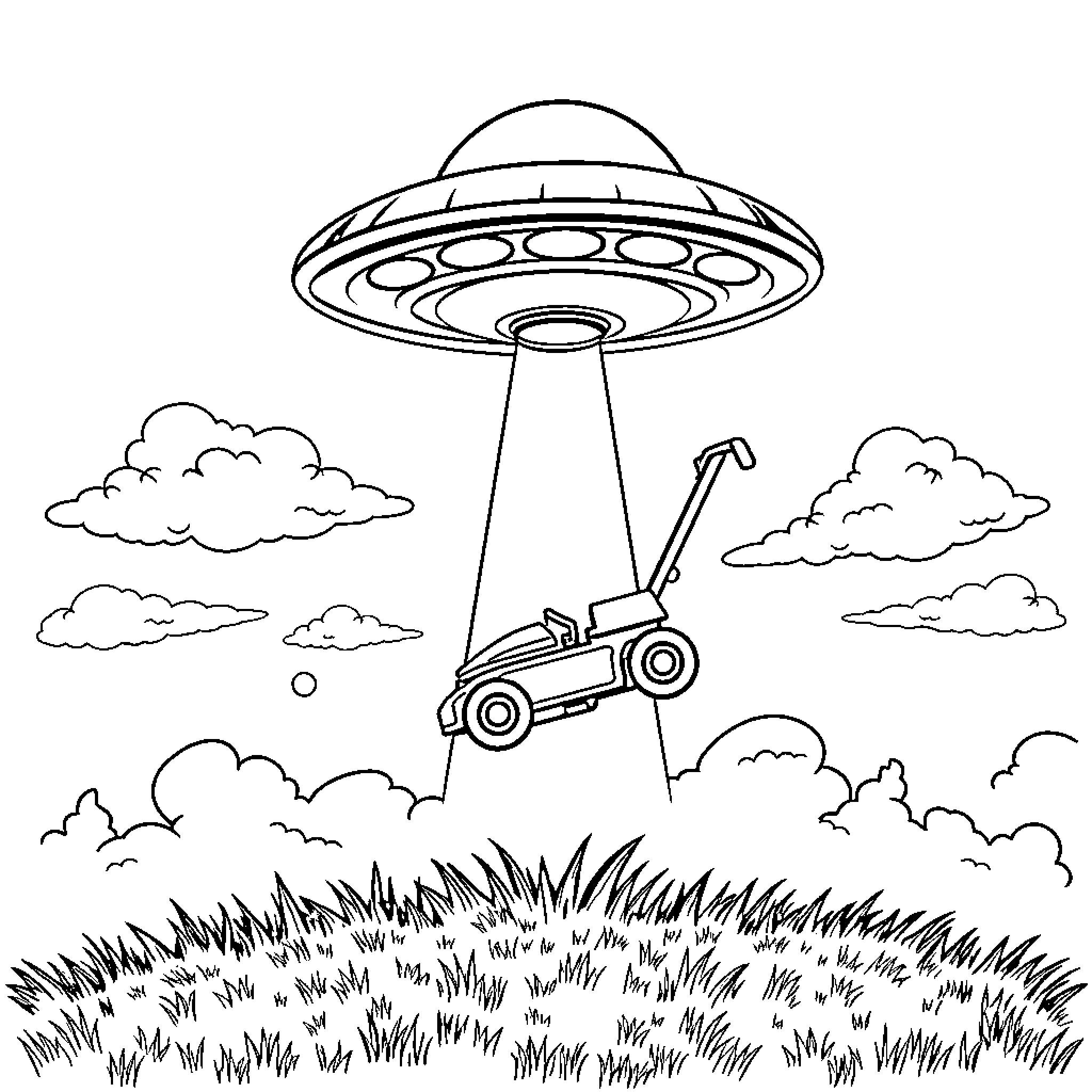 UFO hovering over rural landscape Coloring Page (free black-and-white line drawing printable PDF for all, from beginners to advanced learners, including children, teens, adults, and seniors)